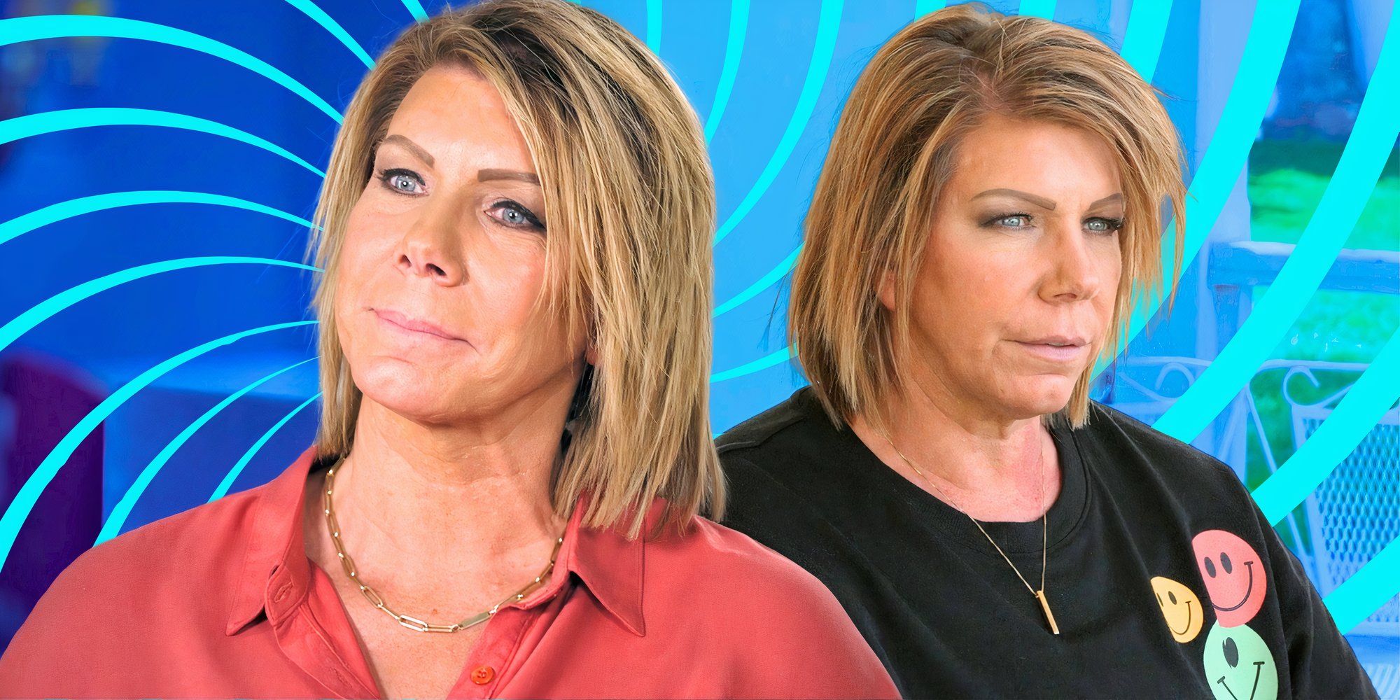 sister wives star meri brown in montage with coral and black tops and aqua and cobalt background