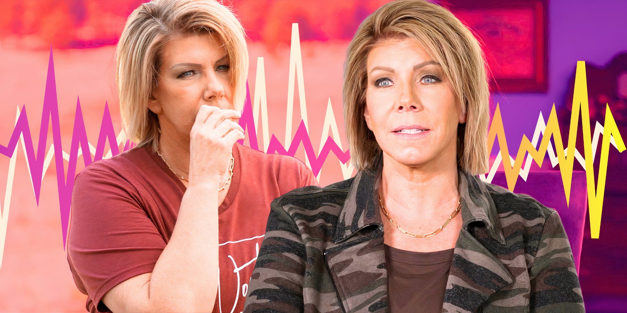 sister wives star meri brown in two serious poses with heart rate monitor background