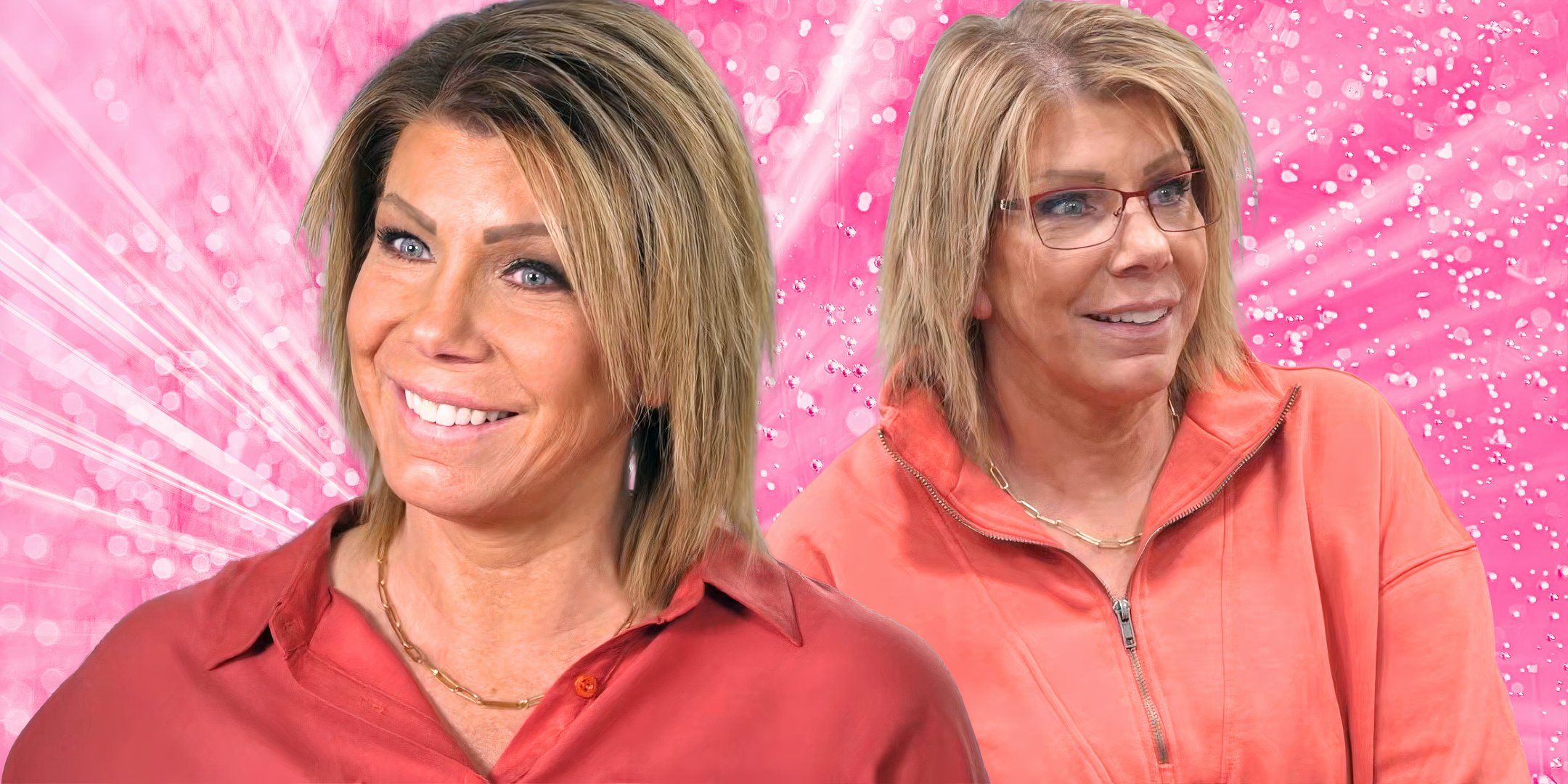 sister wives star meri brown posing smiling in two poses in montage with sparkling rose background