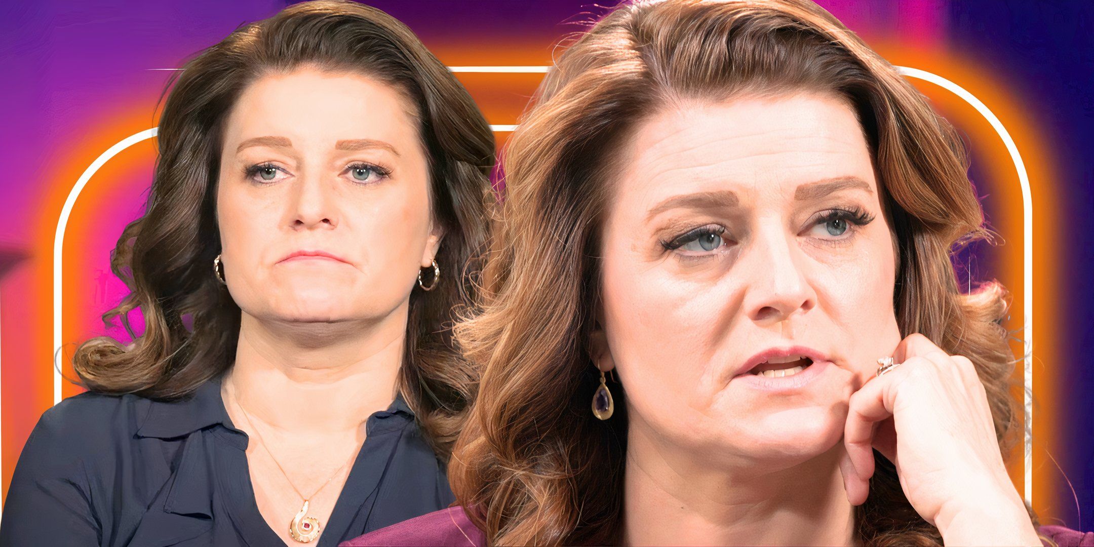 sister wives star robyn in close ups looking miserable with an orange neon background