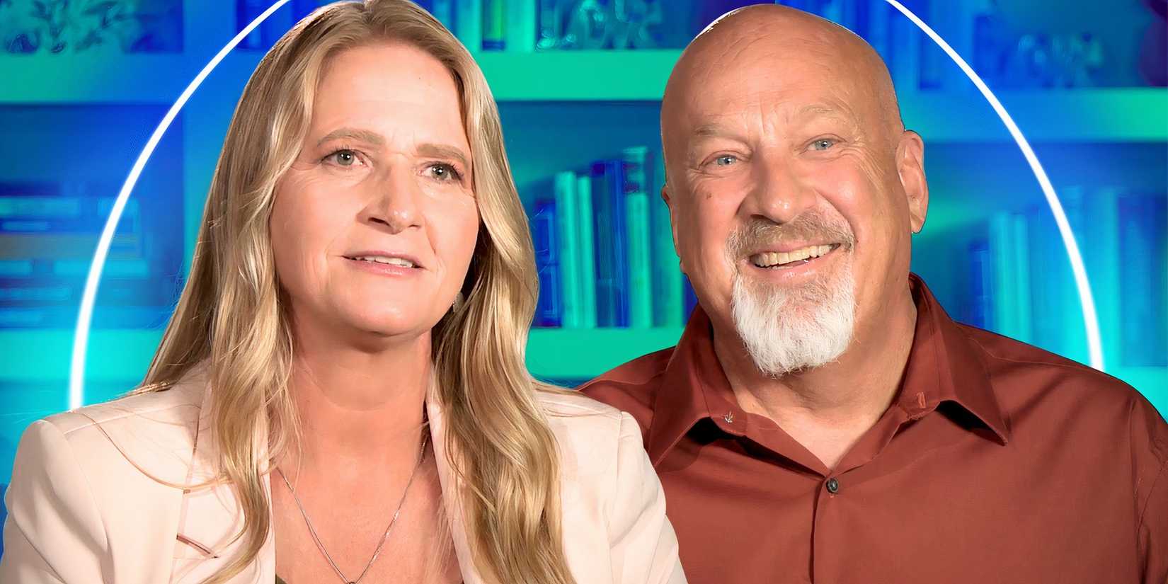 sister wives stars christine brown and david woolley in montage grinning with blue and green background