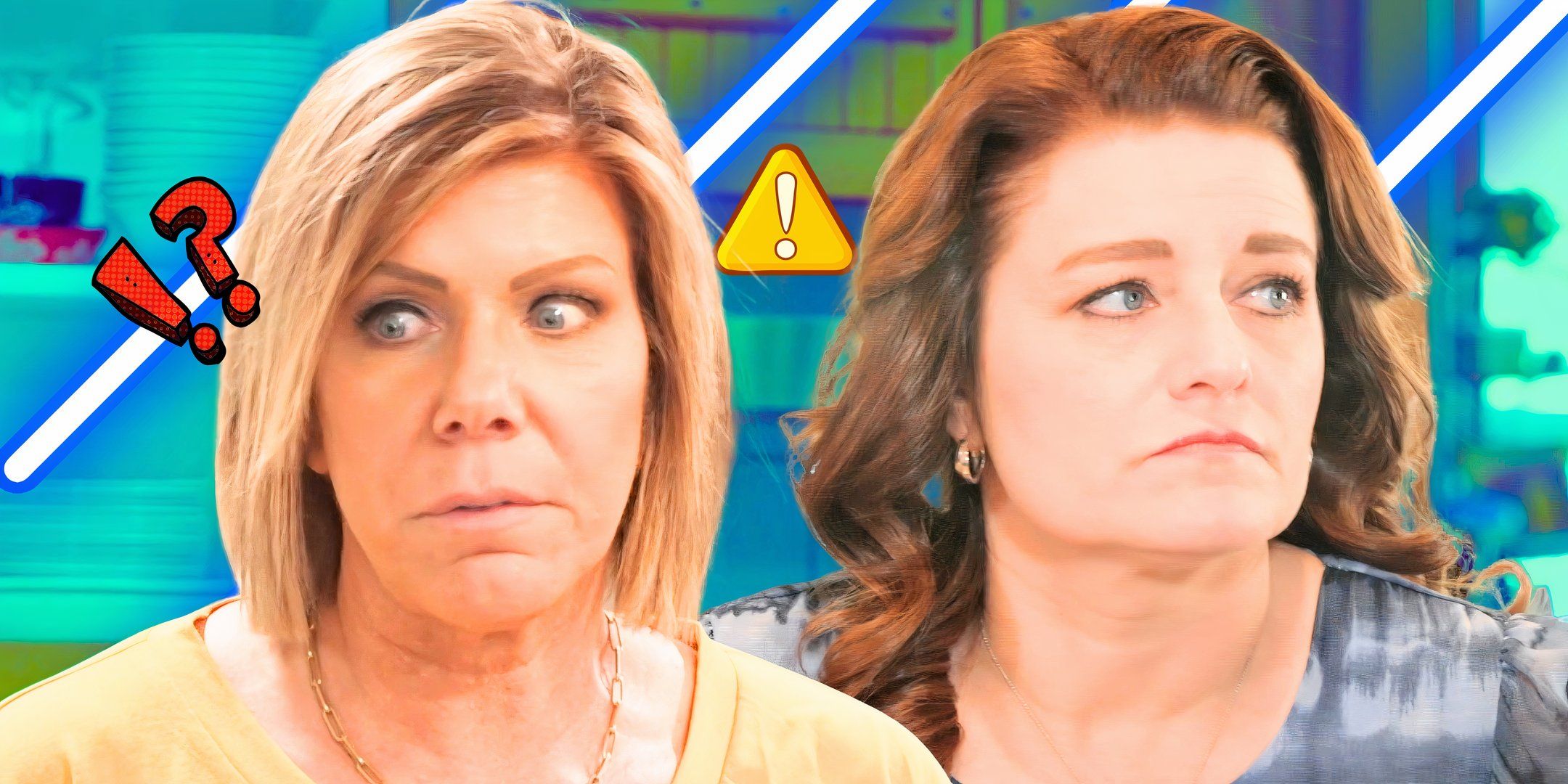 sister wives stars meri and robyn brown looking serious in montage with exclamation point in yellow triangle