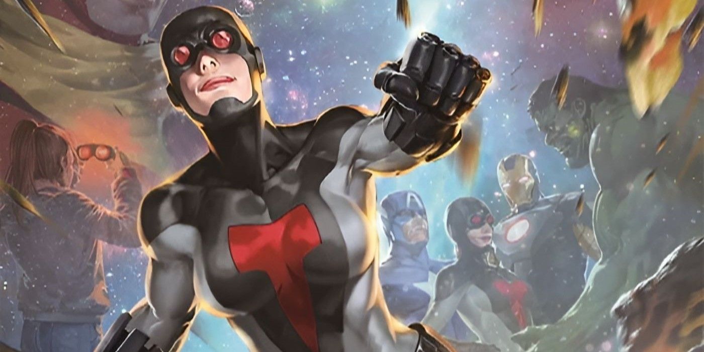 Smasher flies through space while visions of the Avengers appear behind her.