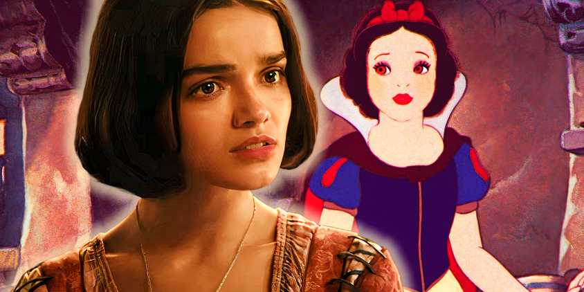 Snow White from the 2025 movie looks confused at the 1937 animated character