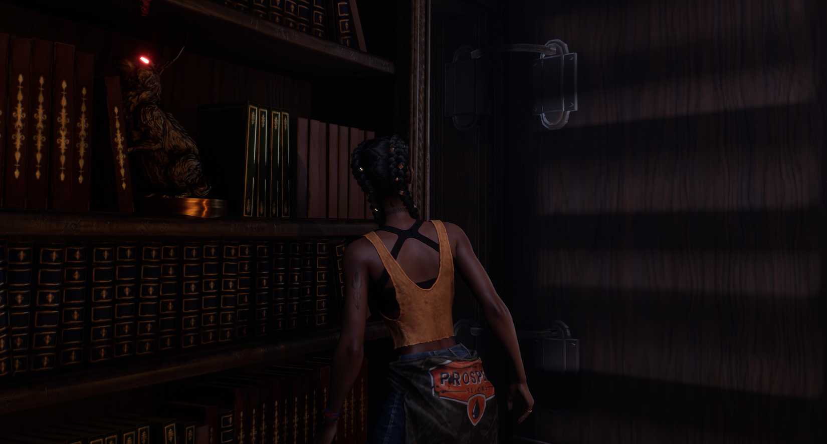 South of Midnight Hazel looking at a bookcase