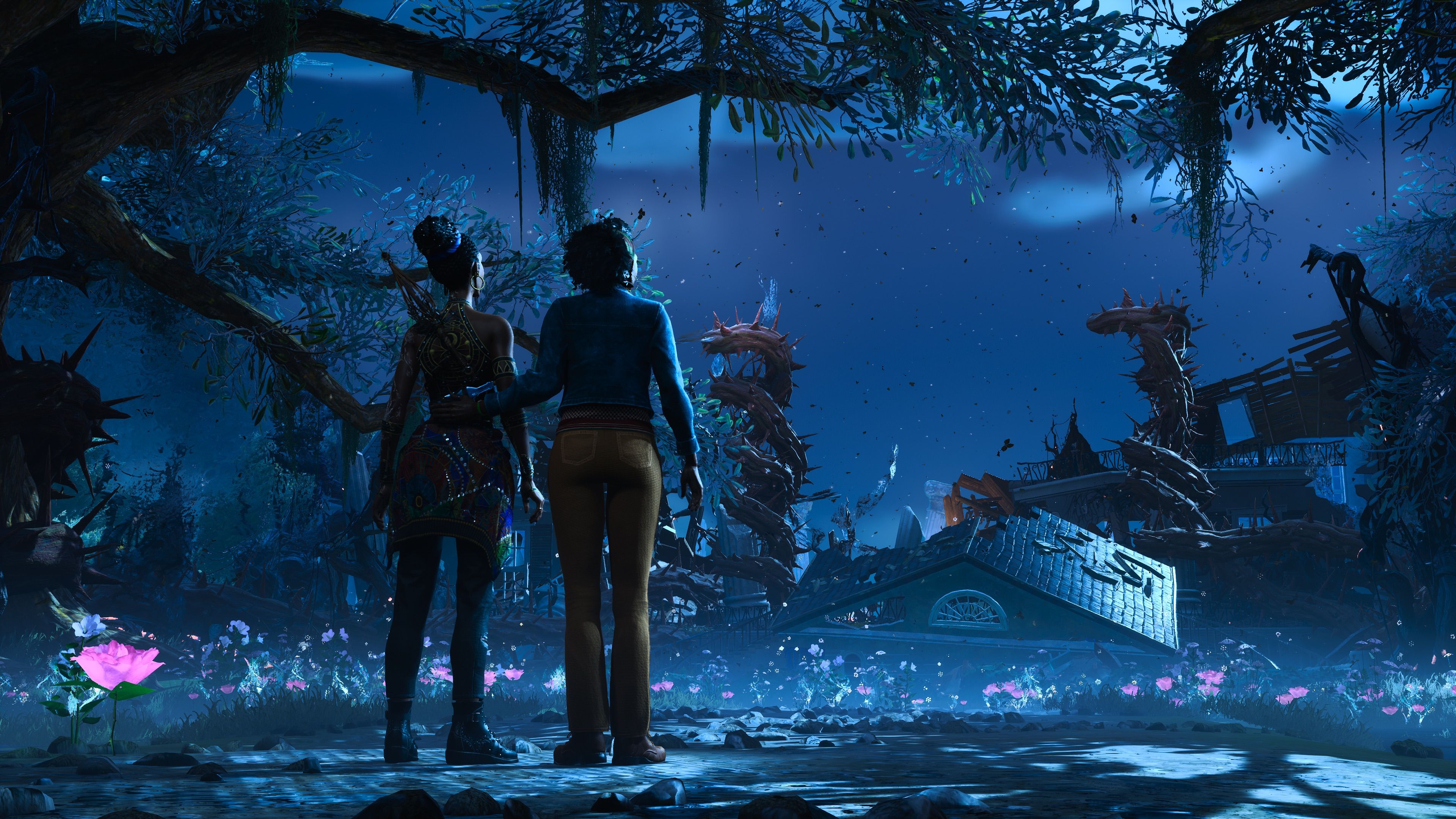 South of Midnight Hazel and Lacey standing near the collapsed Flood mansion.