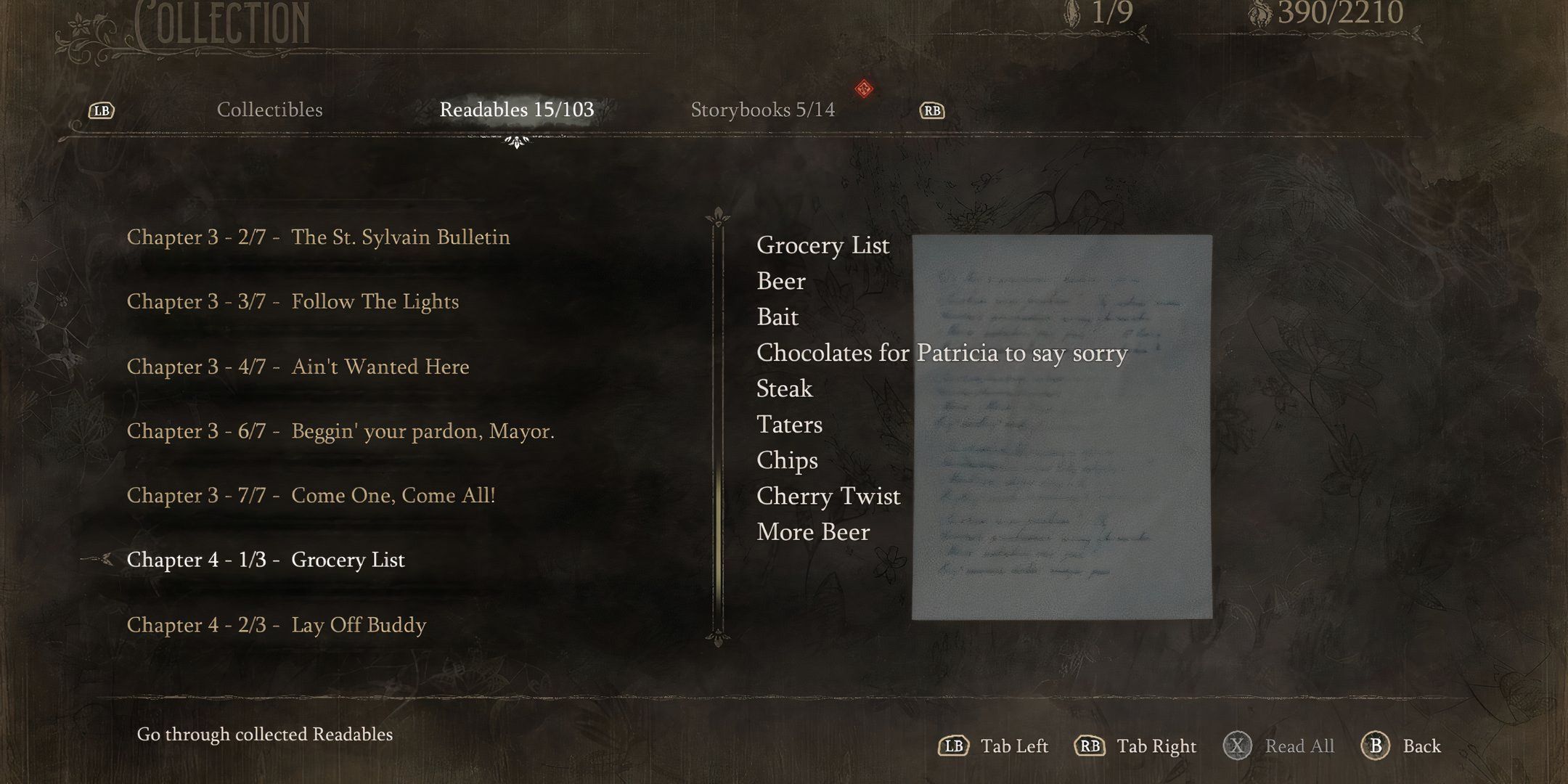 South of Midnight Readable Collectibles Chapter 4 Menu
