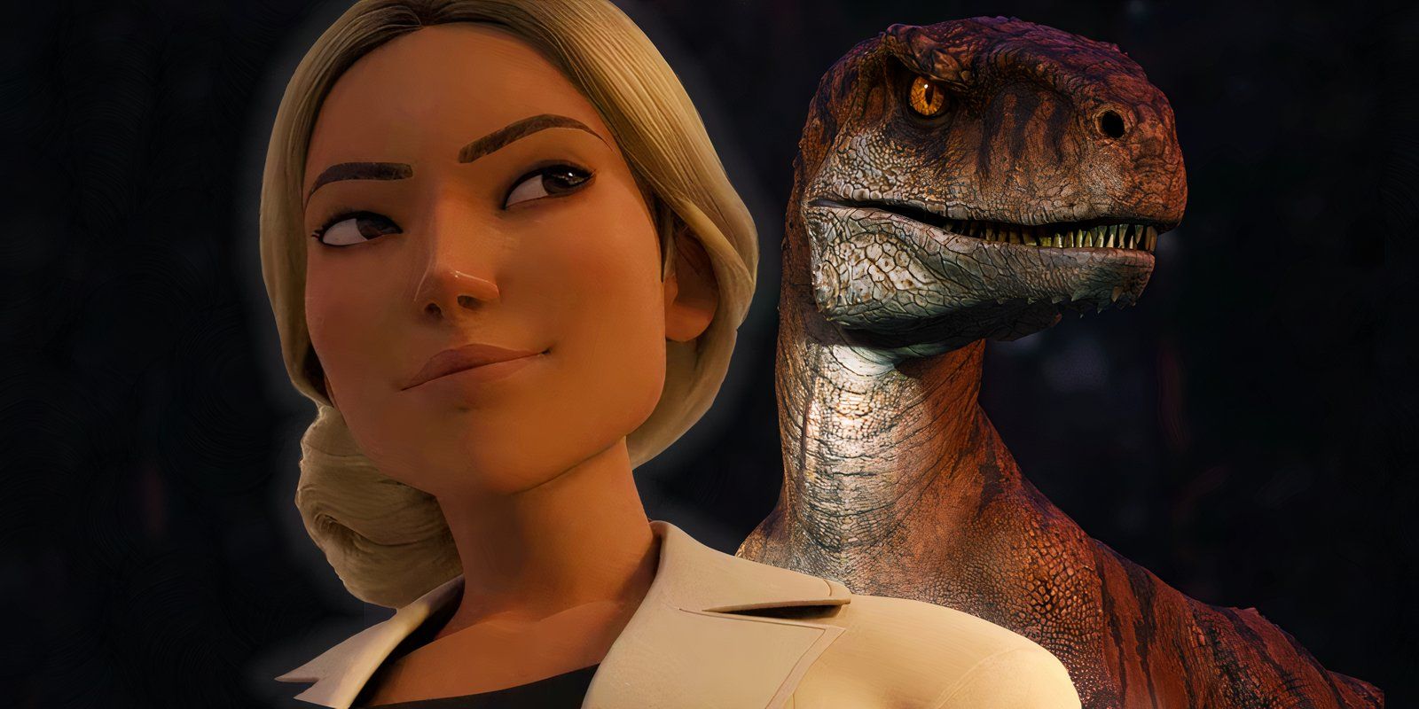 Soyona Santos and an atrociraptor in Jurassic World: Chaos Theory
