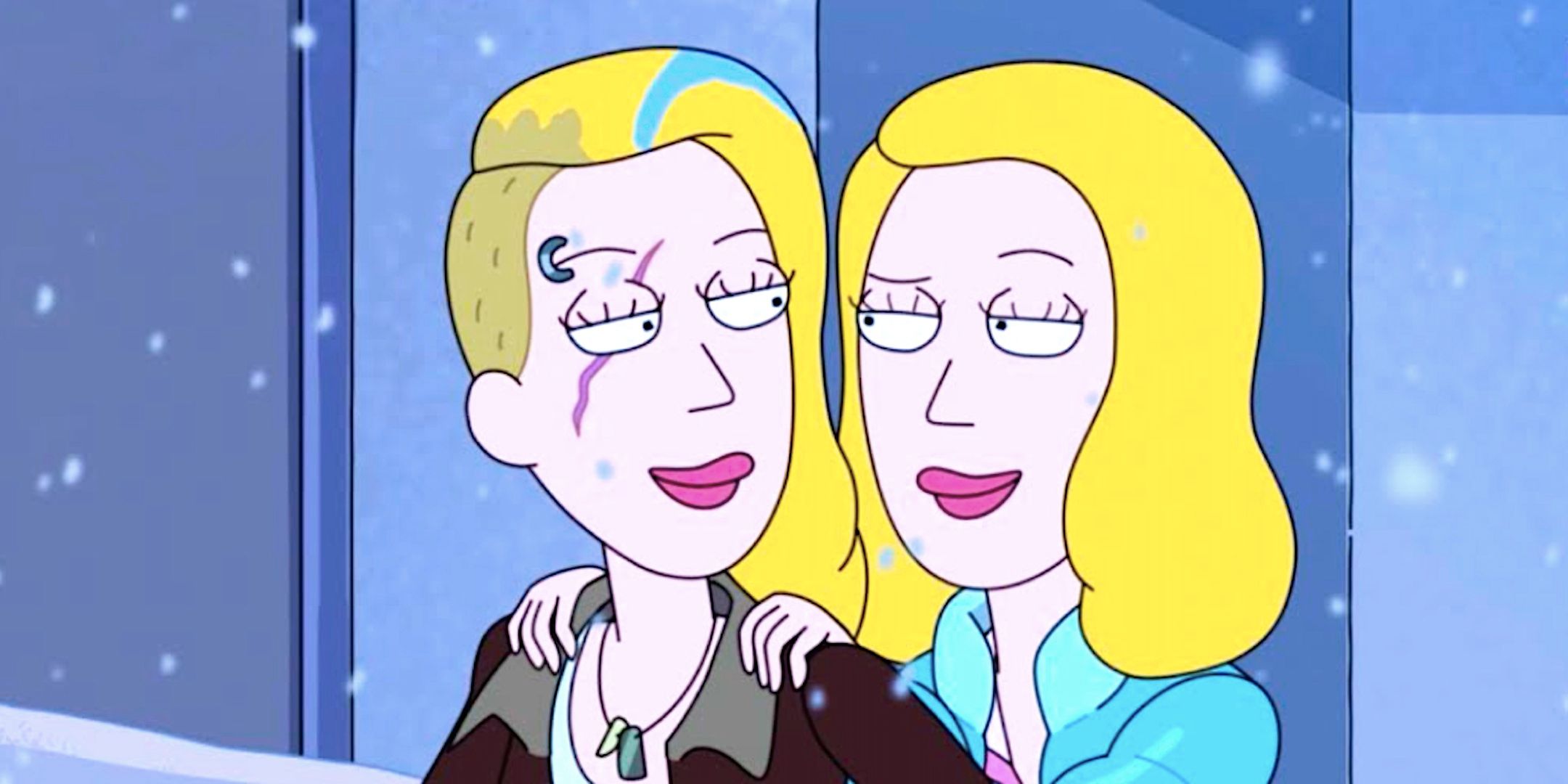 Space Beth and Beth smile at each other in the snow from Rick and Morty season 6