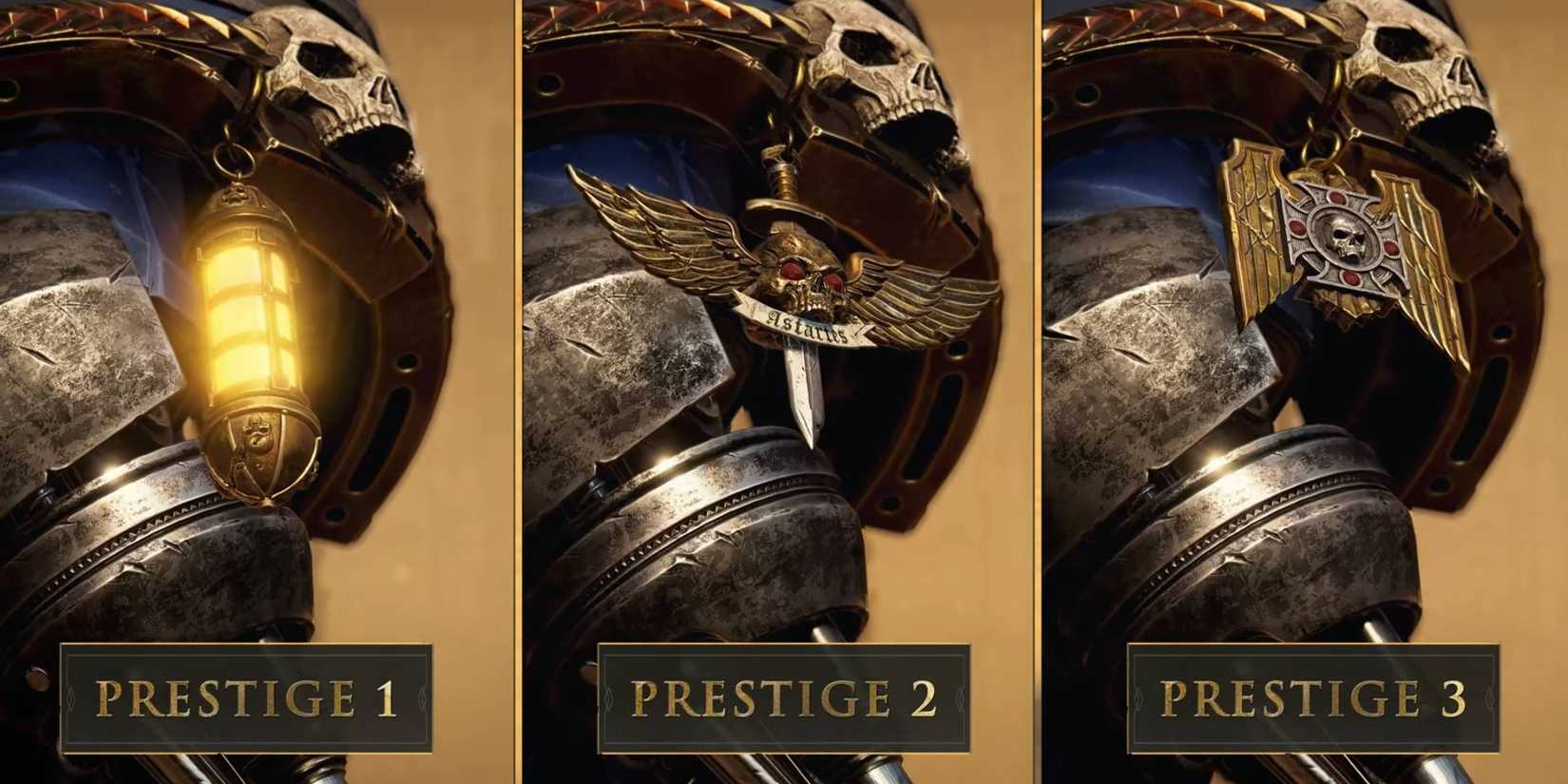 Three different Prestige Cosmetics in Space Marine 2 based on the rank.