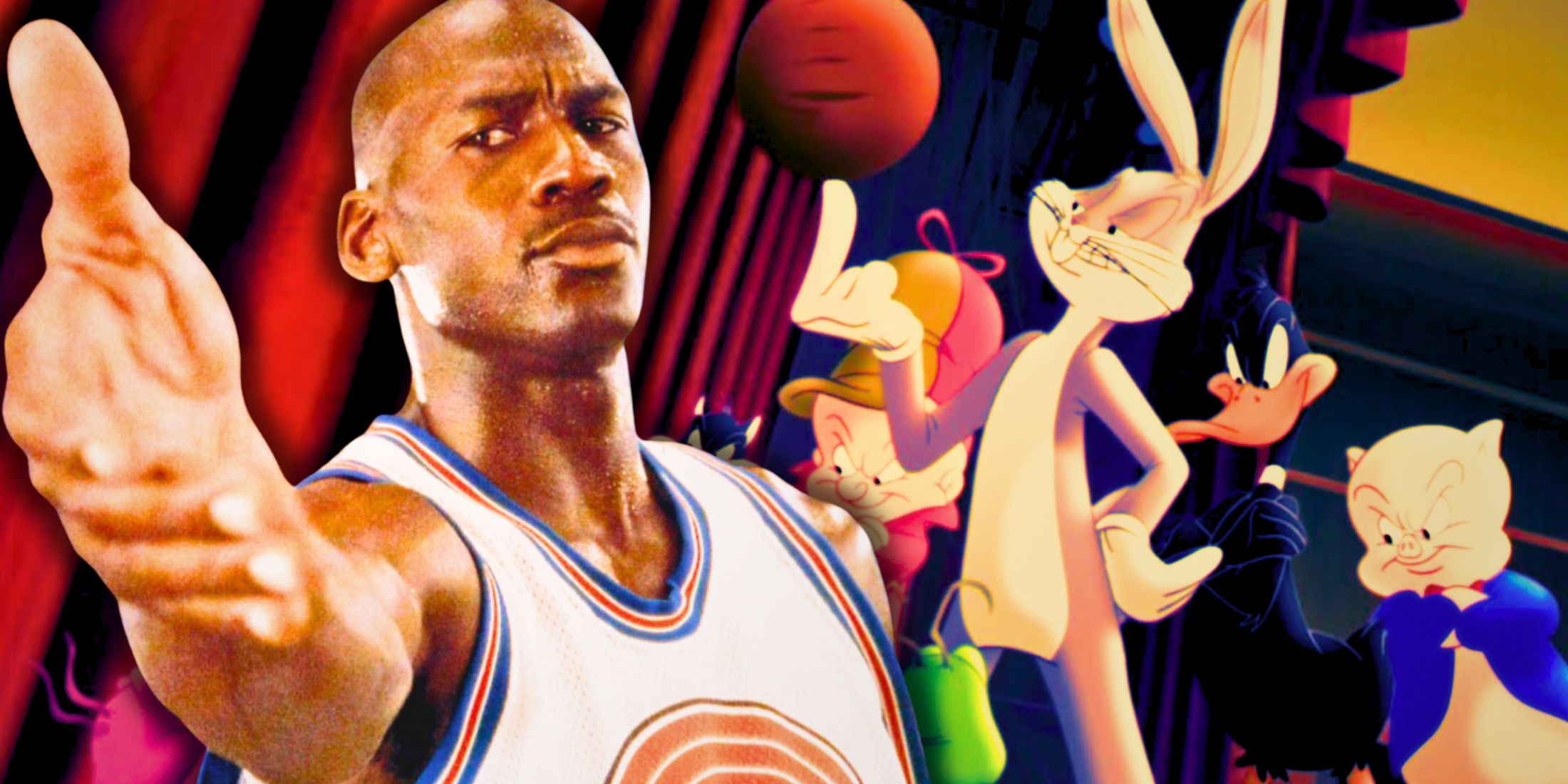 Micheal Jordan reaching out over an image of the Looney Tunes in Space Jam