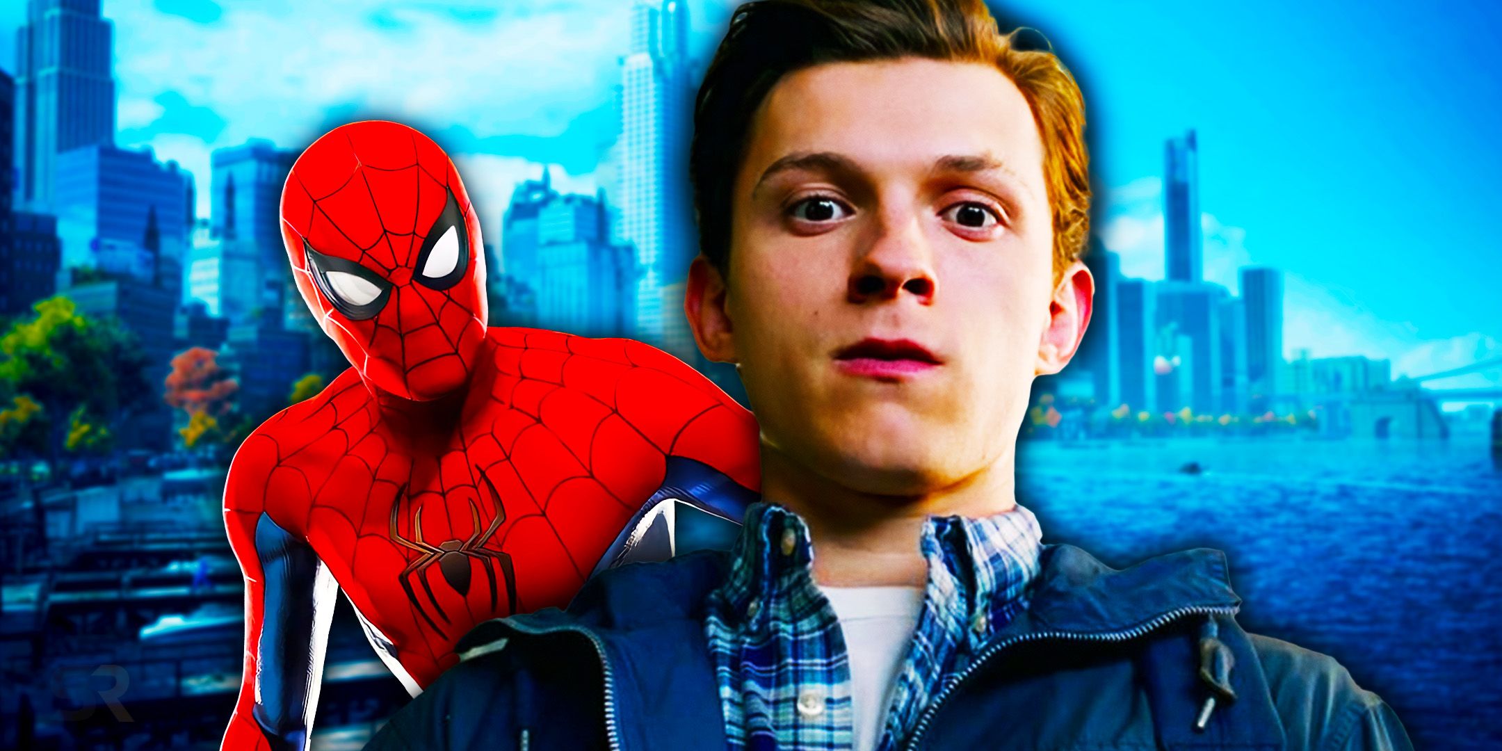 Tom Holland as Peter Parker, and in the Spider Man Costume