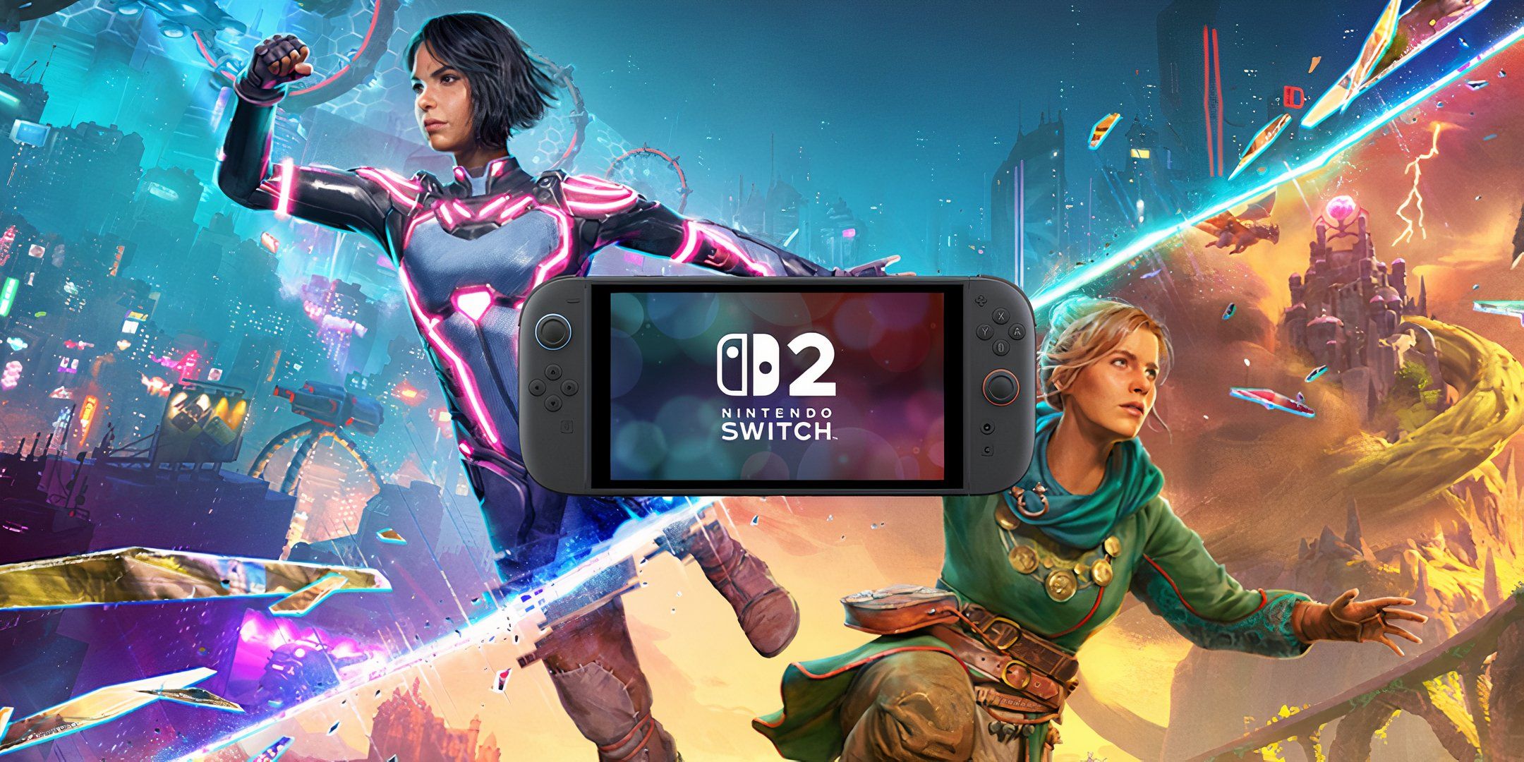 Split Fiction keyart with a Switch 2 PNG on top