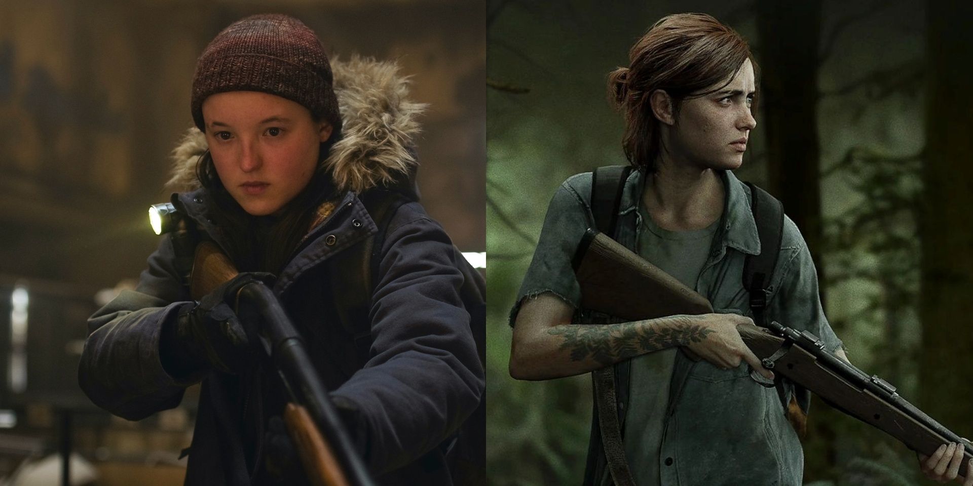 Split image of Bella Ramsey in The Last of Us and Ellie in The Last of Us Part II