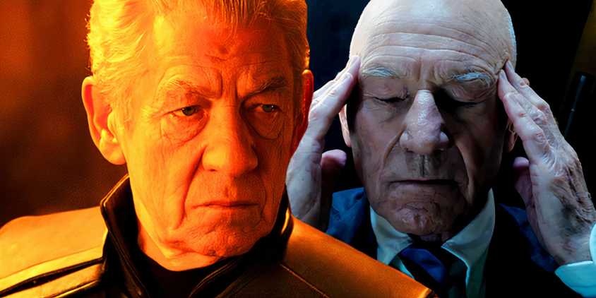 Split image of Ian McKellen as Magneto and Patrick Stewart as Professor X
