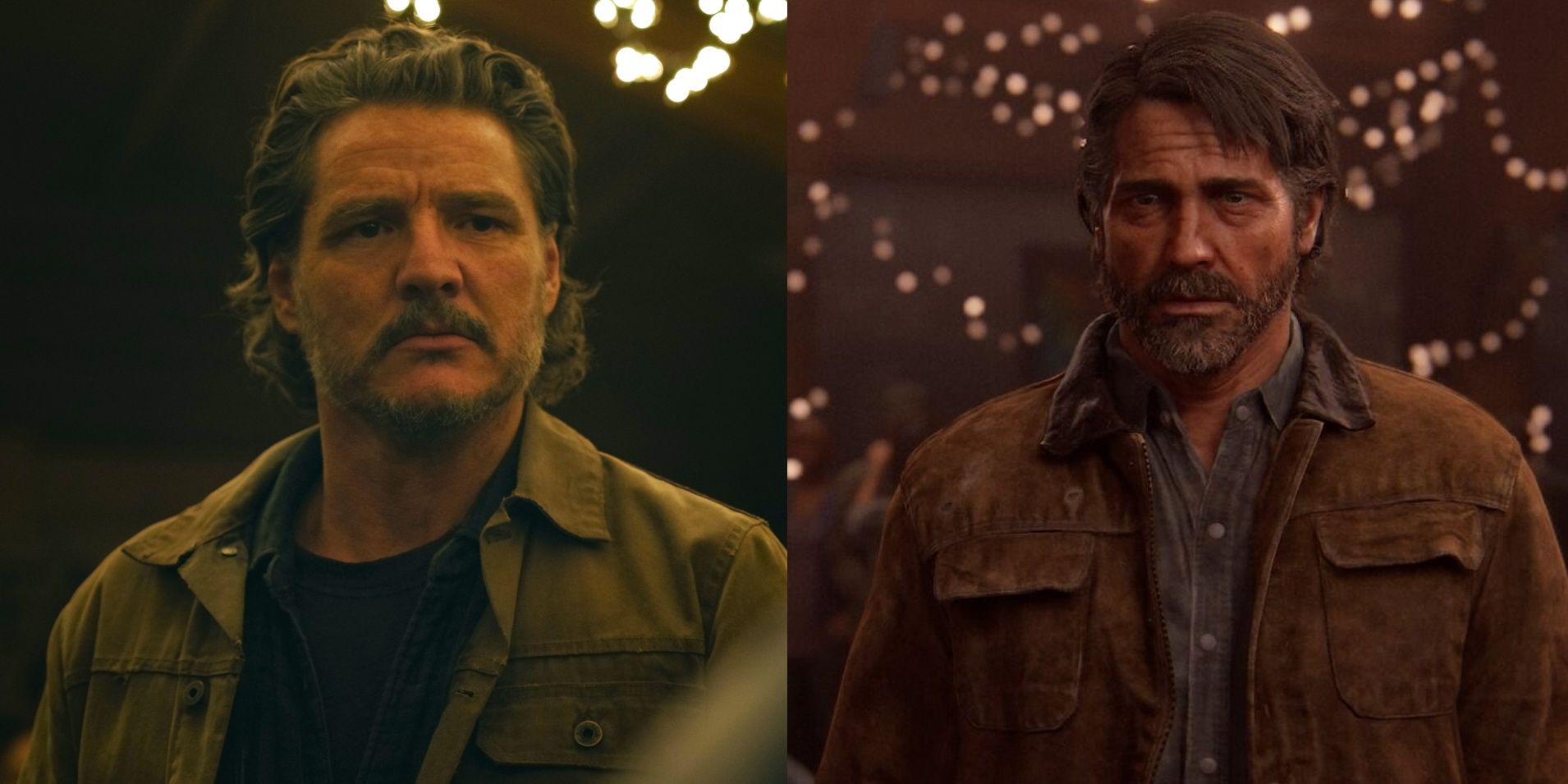 Split image of Pedro Pascal in The Last of Us and Joel in The Last of Us Part II