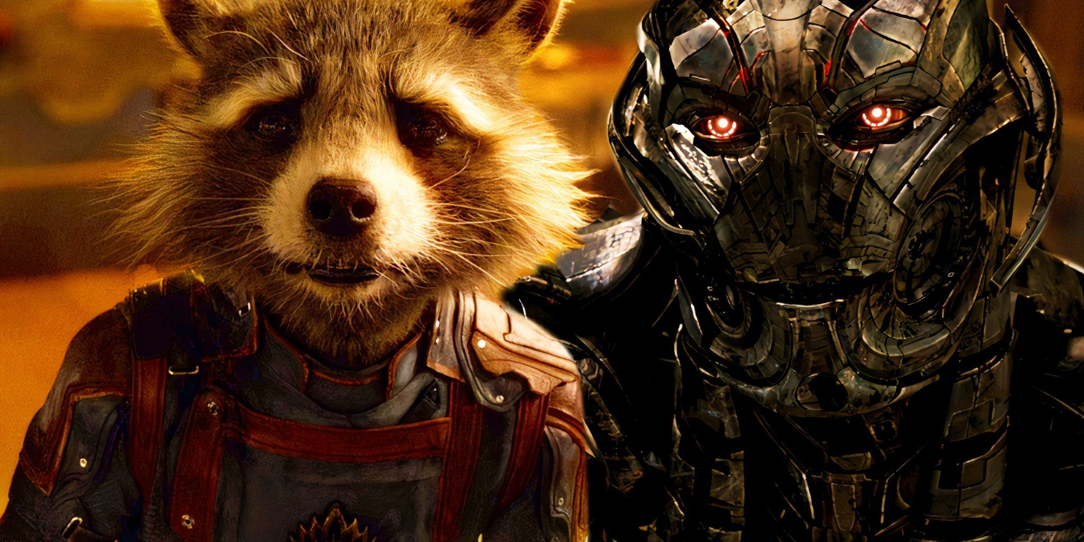 Split image of Rocket Raccoon and Ultron