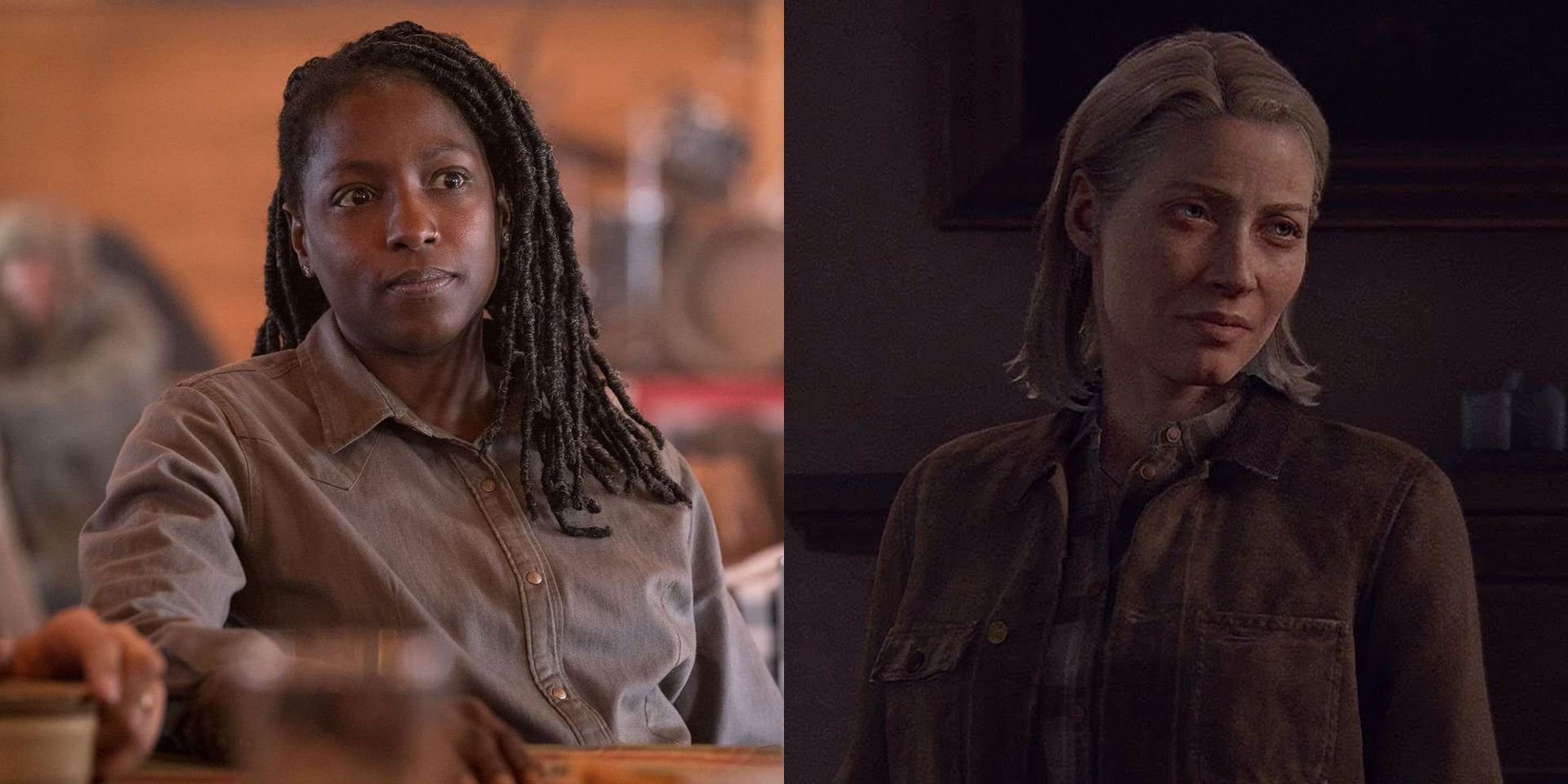 Split image of Rutina Wesley in The Last of Us and Maria in The Last of Us Part II