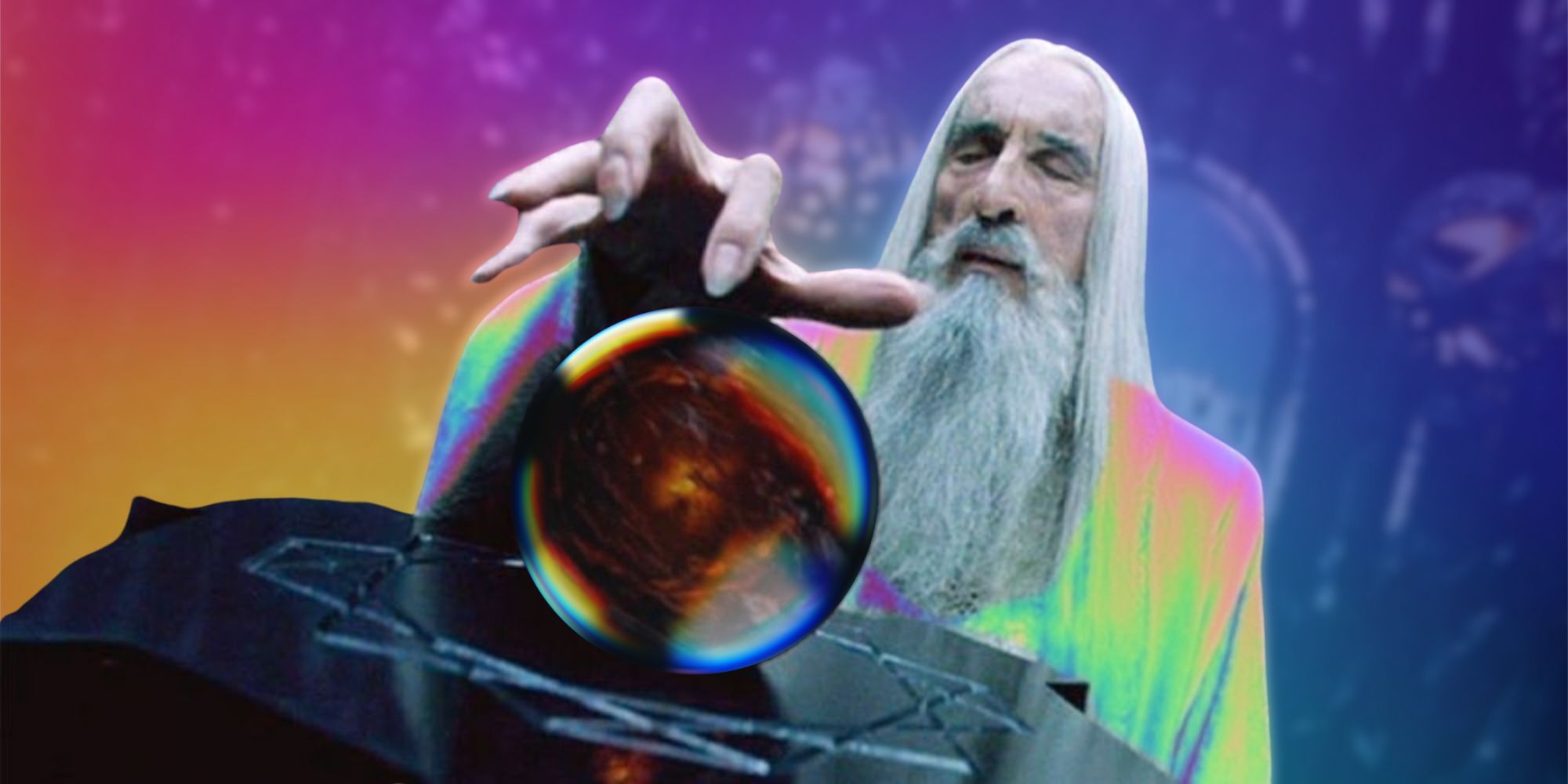 Saruman communing with a Palantir, but with a whole lot of rainbows going on
