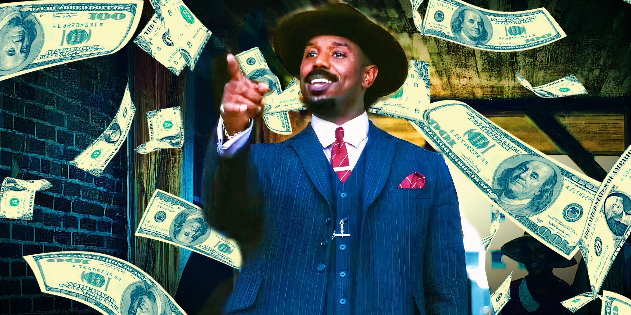Stack is pointing at someone at the train station in Sinners while money is falling-1
