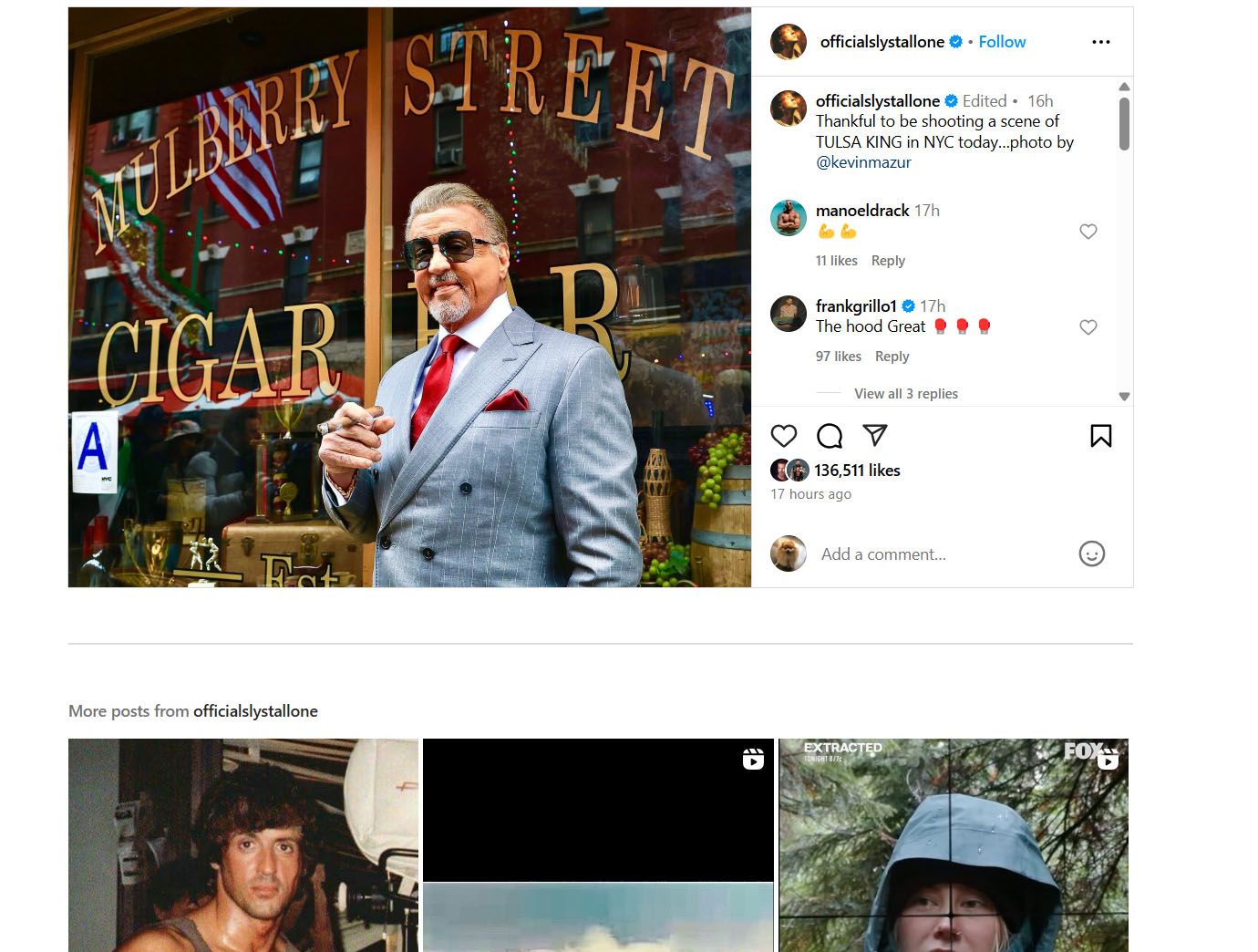 Stallone&rsquo;s Instagram embed of Tulsa King season 3 filming