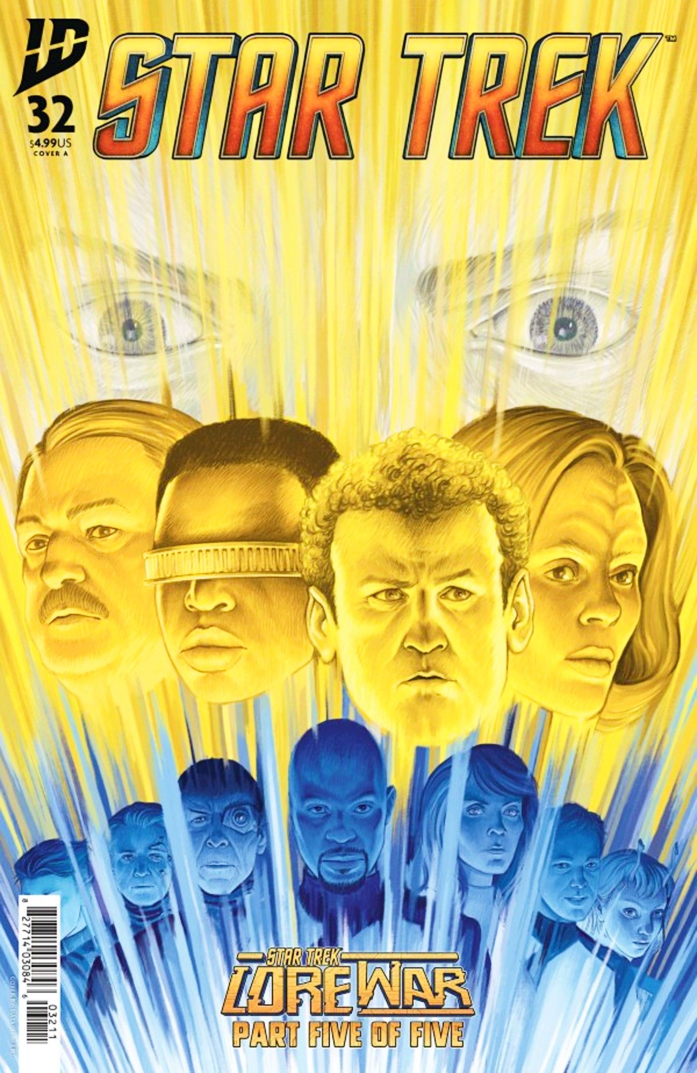 Star Trek #32, multiple generations of Trek heroes with Lore looming behind them