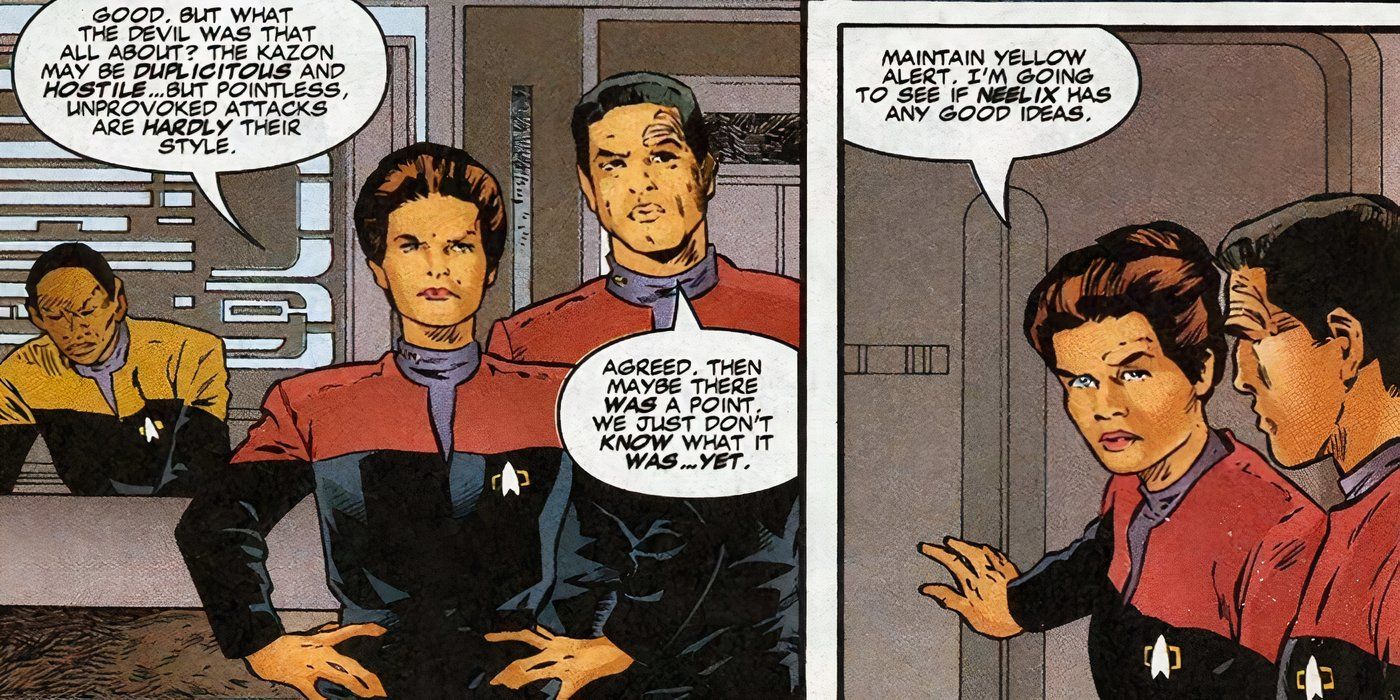 Two panels of Janeway and Chakotay talking