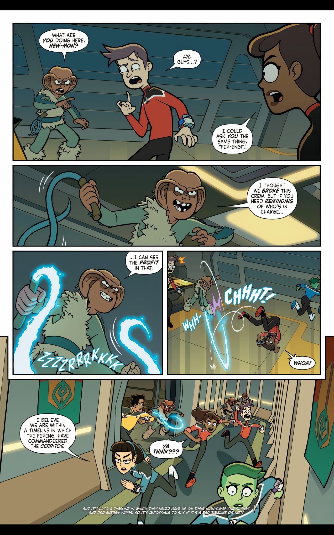 Five panels of the Cerritios crew running from Ferengi