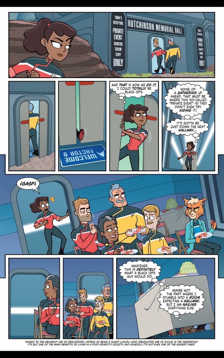 Eight panels of the Cerritos senior officers attending a briefing