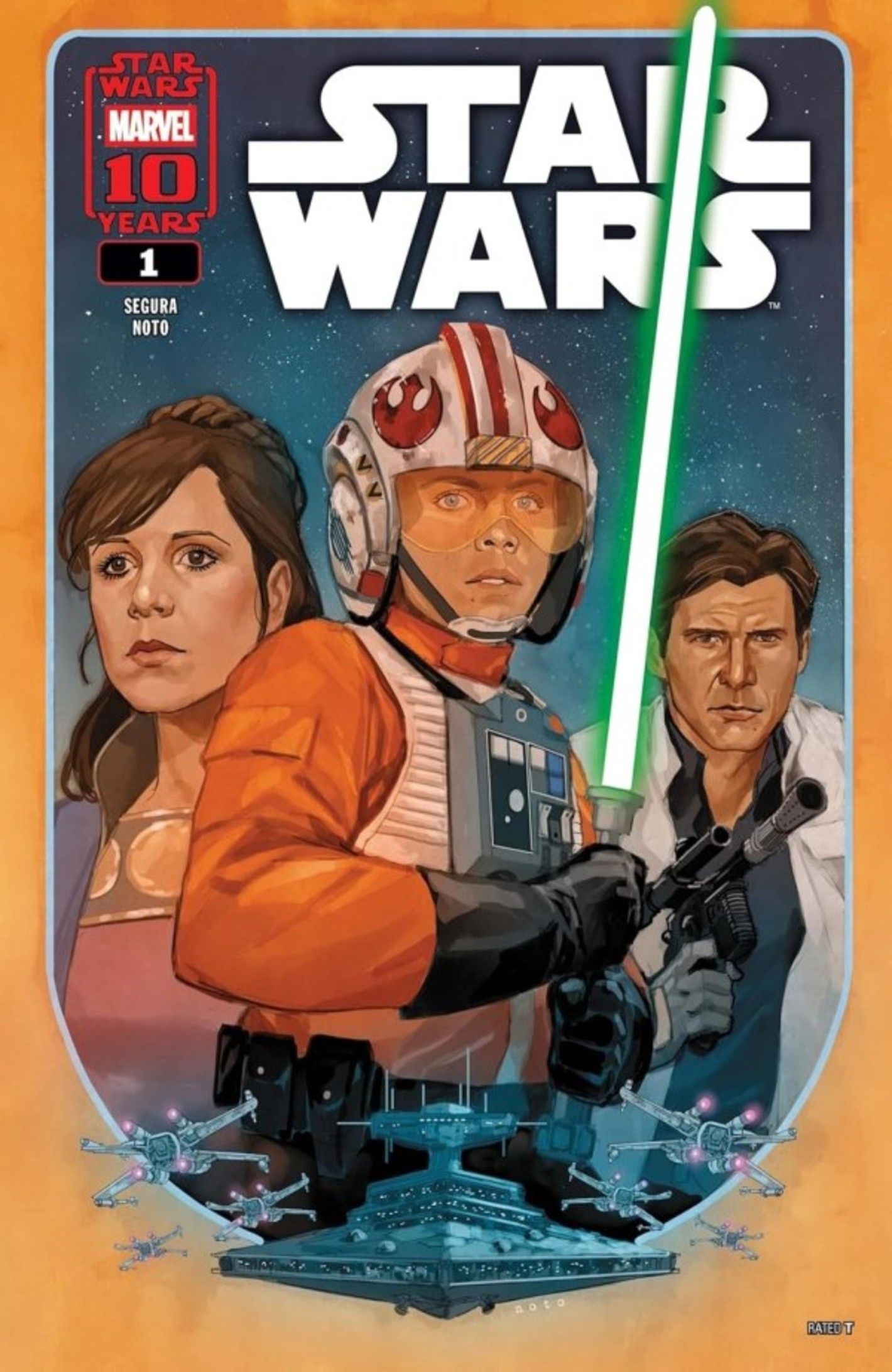 Star Wars #1 main cover, Han Luke and Leia against a backdrop of stars, with starships in the foreground