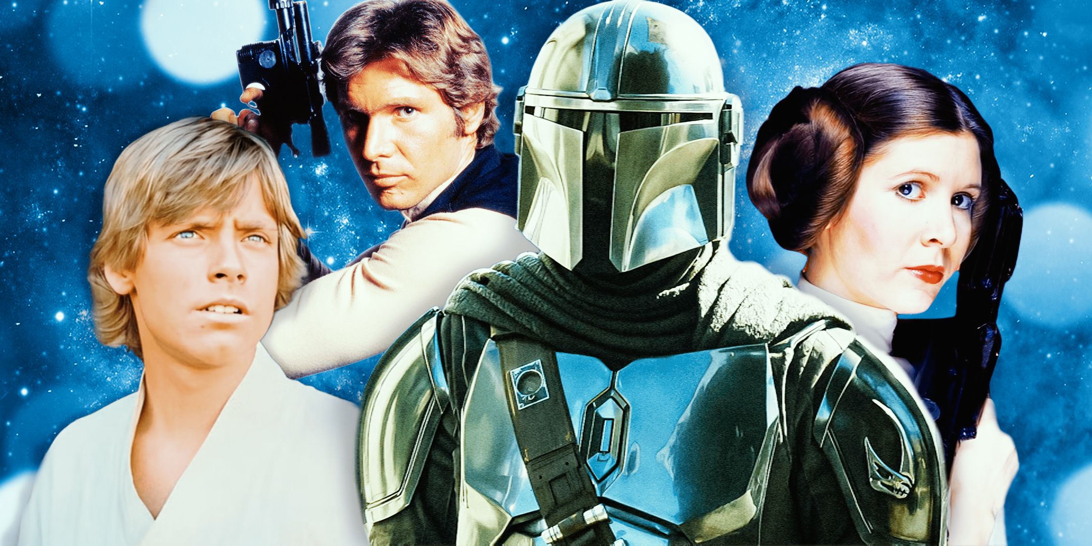 Luke Skywalker (Mark Hamill), Han Solo (Harrison Ford), Din Djarin (Pedro Pascal), and Leia Organa (Carrie Fisher) all edited together over a blue galactic background.