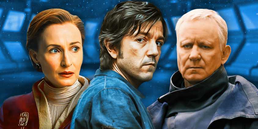 Cassian Andor, Mon Mothma, and Luthen Rael from Andor (2022-2025) above a Star Wars-centric background