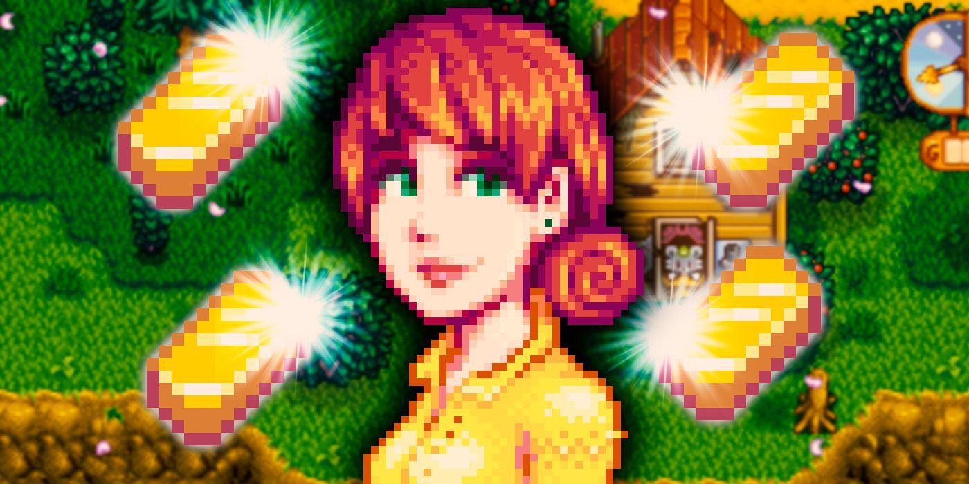 Stardew valley character from the game with some gold everywhere