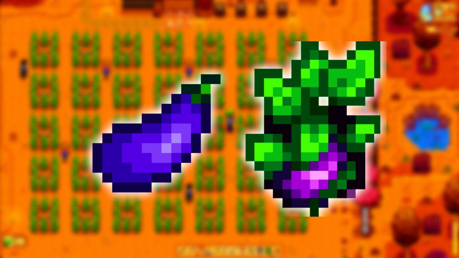 Stardew Valley fall crop eggplant on and off the plant