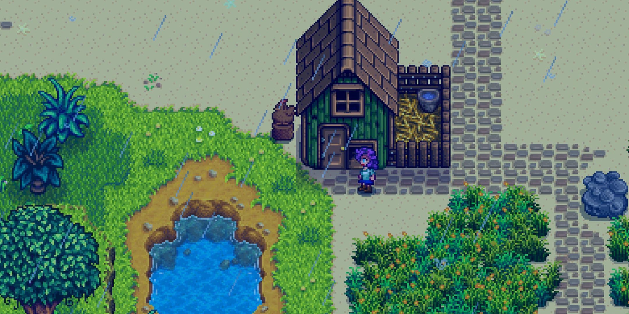 Stardew Valley purple haired female farmer standing in front of the chicken coop in the rain