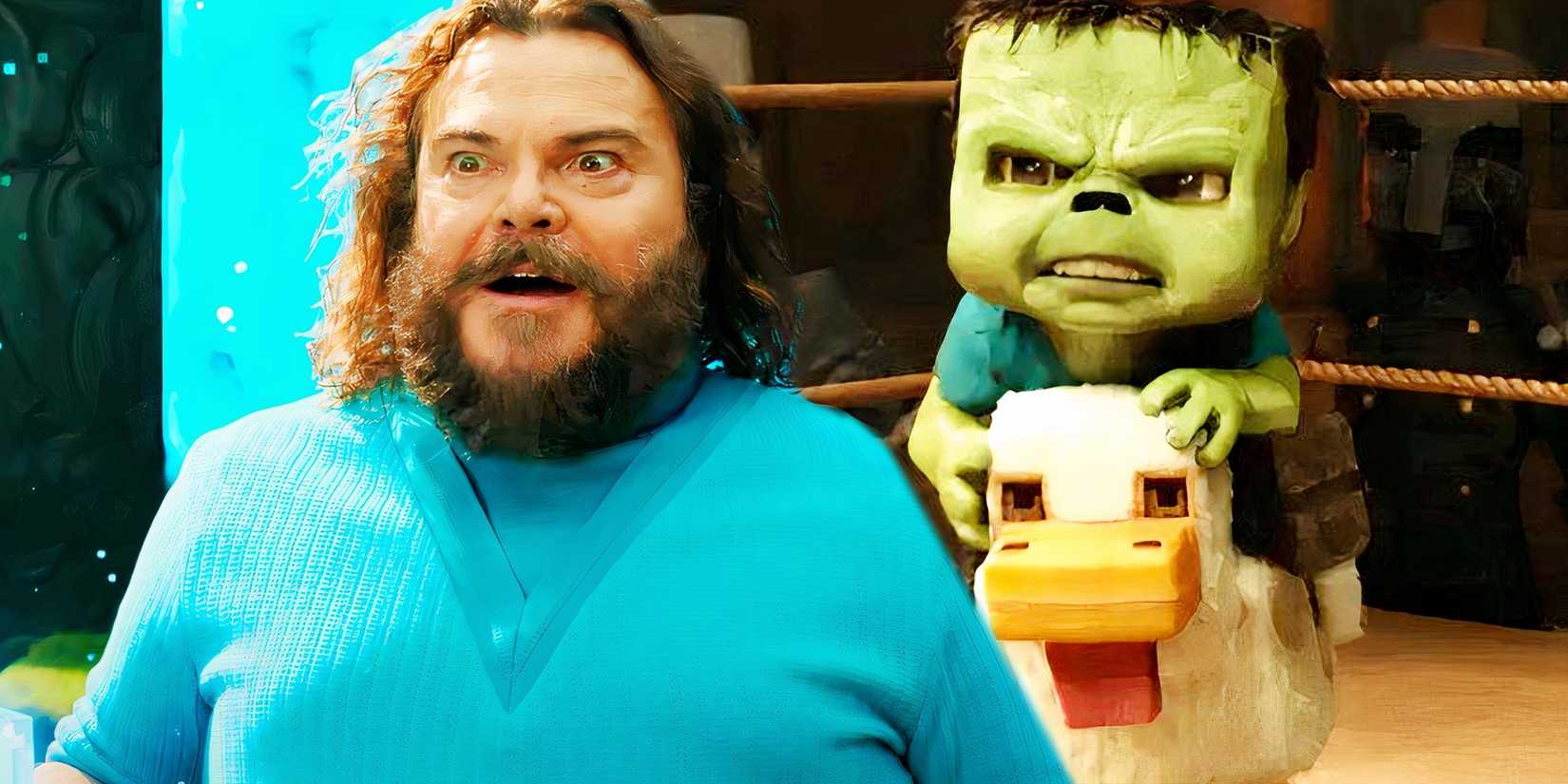 Steve looks excited while the Zombie gets angry while on top of a chicken in A Minecraft Movie