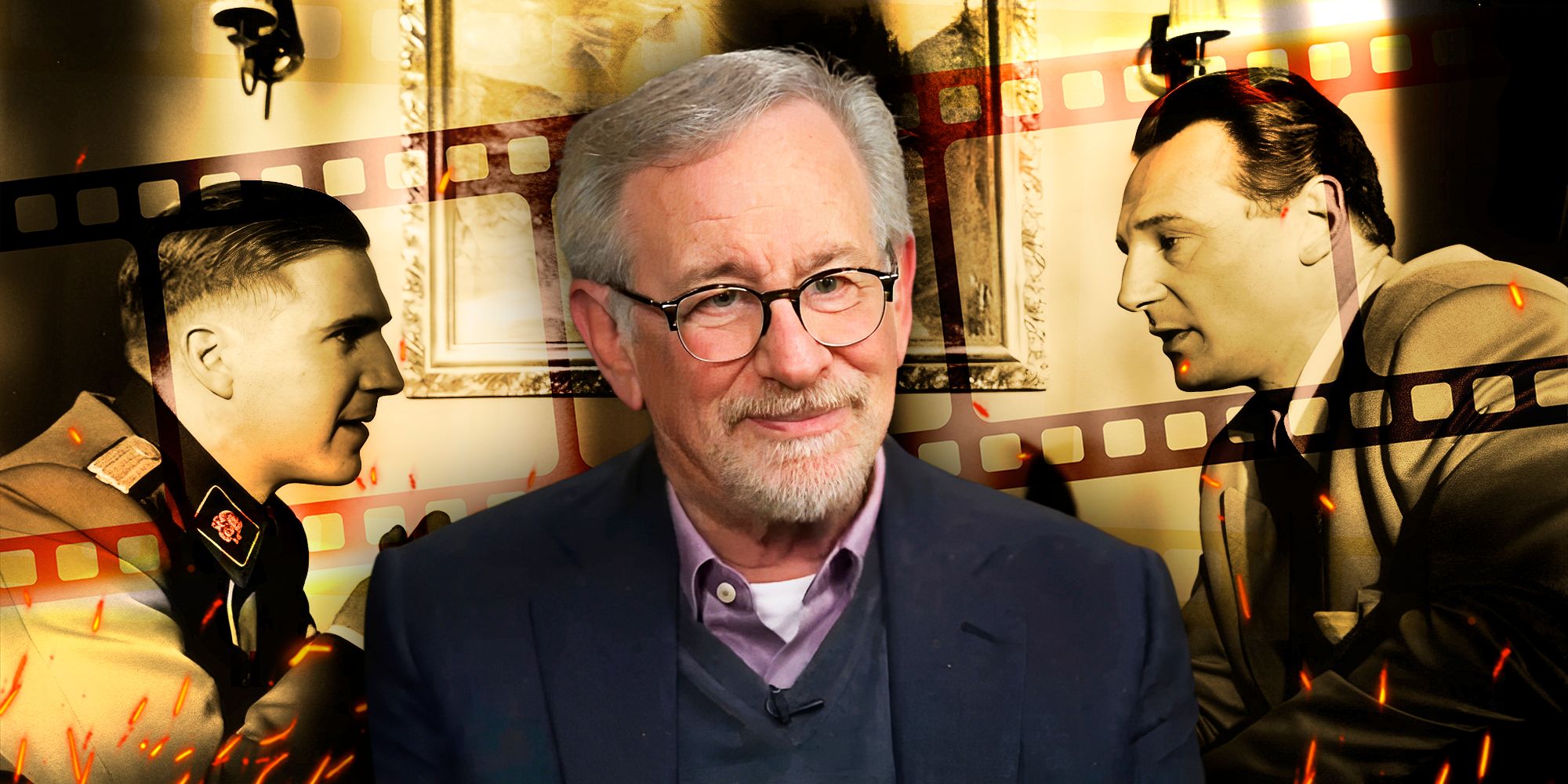 Steven Spielberg and a still from Schindler's List