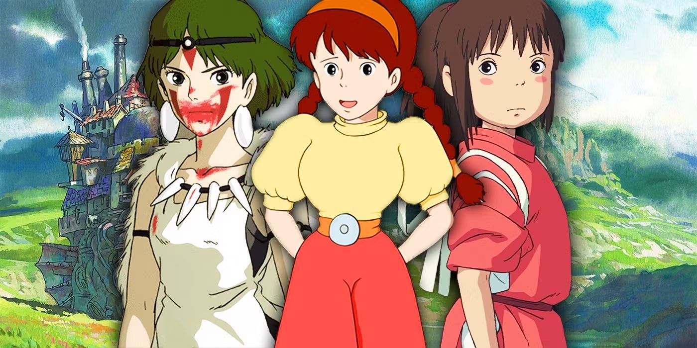Studio Ghibli - Princess Mononoke, Spirited Away in front of Howl's Moving Castle background