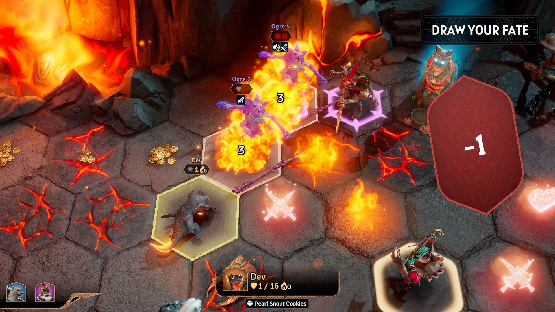 Karakter Pyromancer Sunderfolk menembakkan tembakan dalam satu baris dan membunuh dua raksasa.