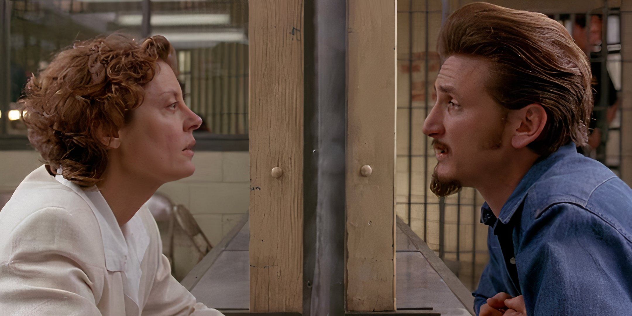 Susan Sarandon and Sean Penn speak to one another in a prison. 