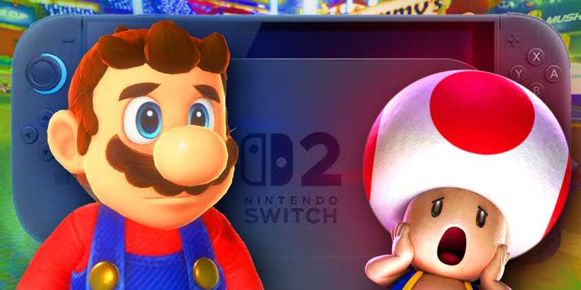 Switch 2 and disappointed Mario next to scared Toad