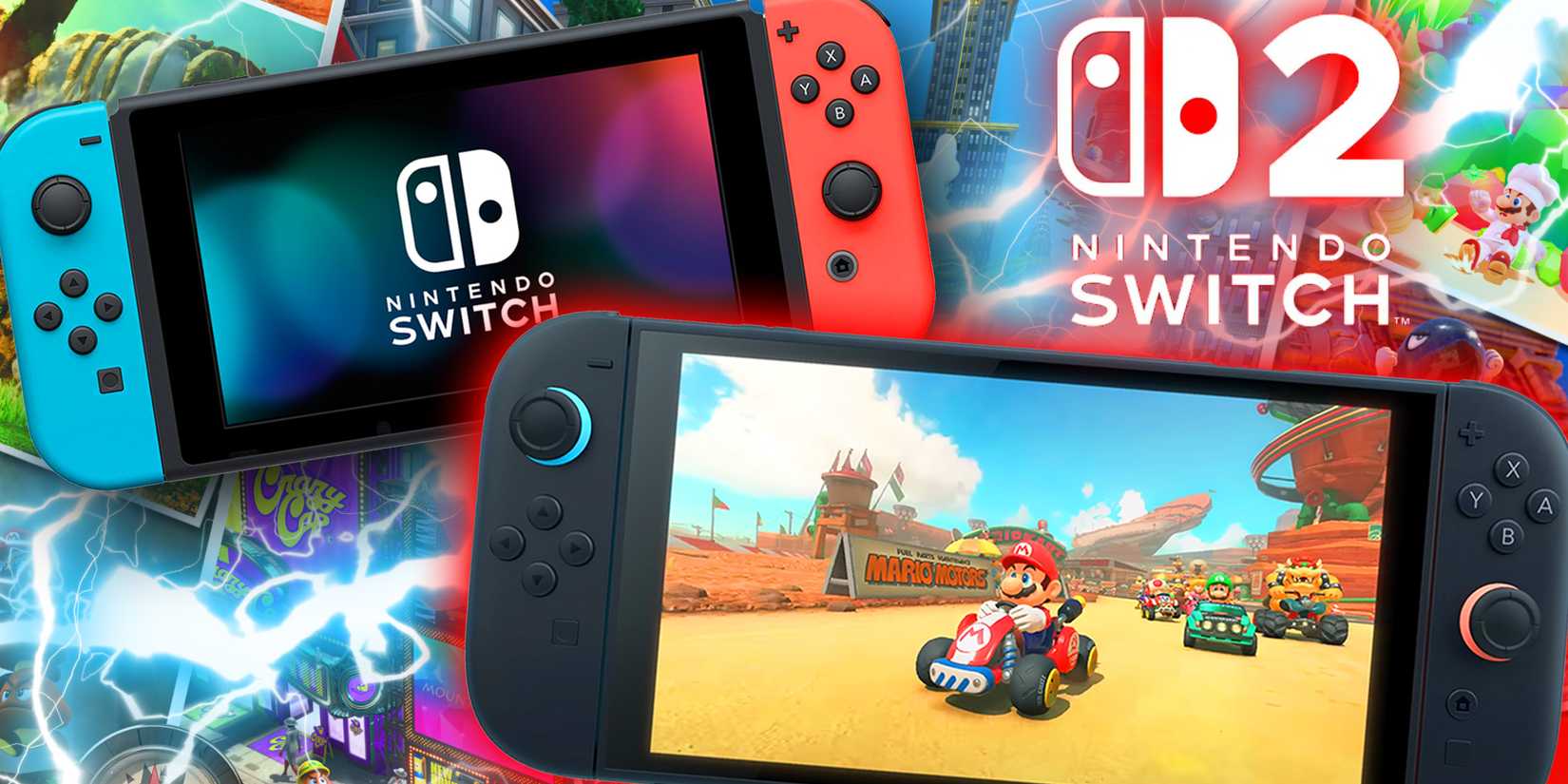 Switch and Switch 2 side by side with lightning