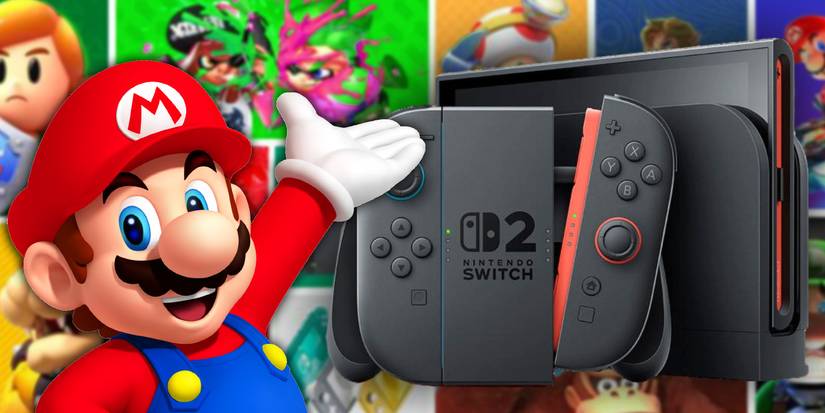 The nintendo Switch 2 and a happy mario presenting it.