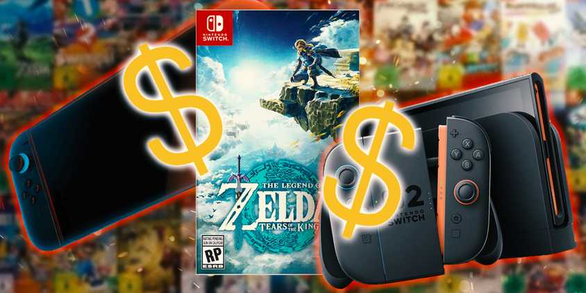The Tears of the Kingdom Switch 2 box art with dollar signs around it and two Switch 2s.