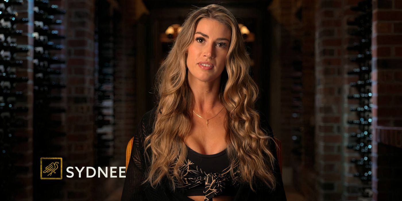 Sydnee Falkner on Million Dollar Secret in a confessional in a dark top and curly hair
