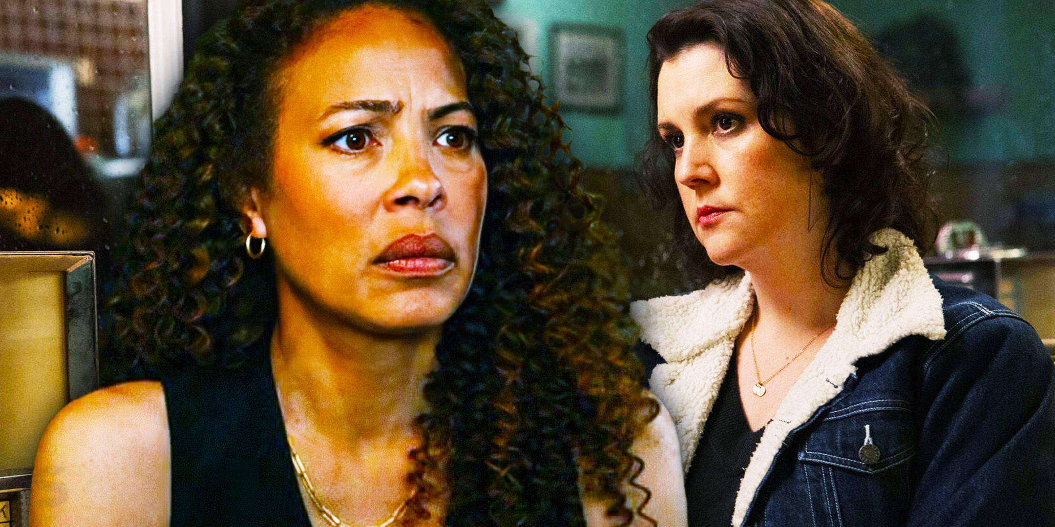 Tawny Cypress as adult Taissa in Yellowjackets season 3 and Melanie Lynskey as adult Shauna in Yellowjackets' pilot episode