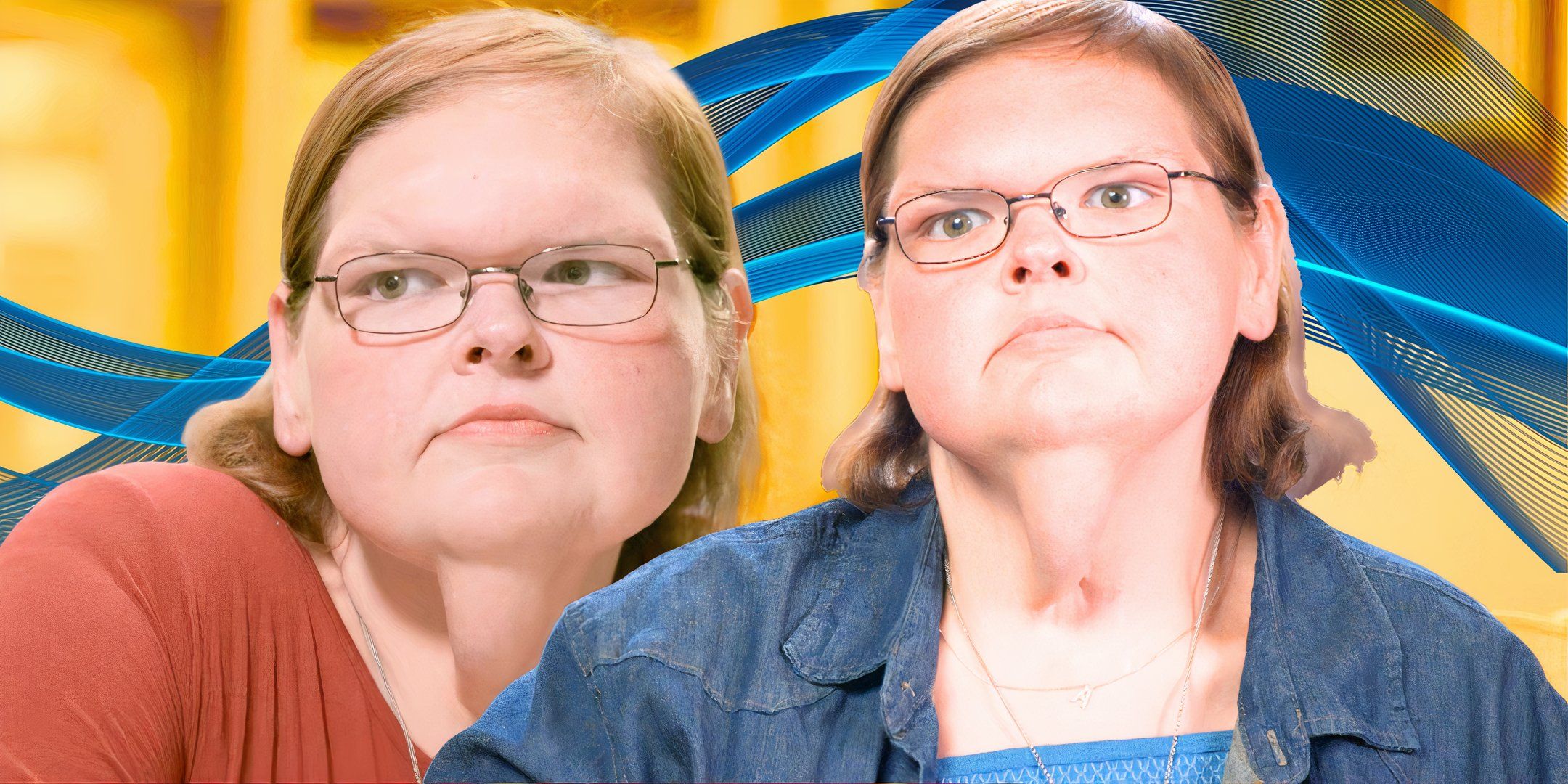 1000 lb sisters star tammy slaton in two poses with coral top and jean shirt and serious expressions