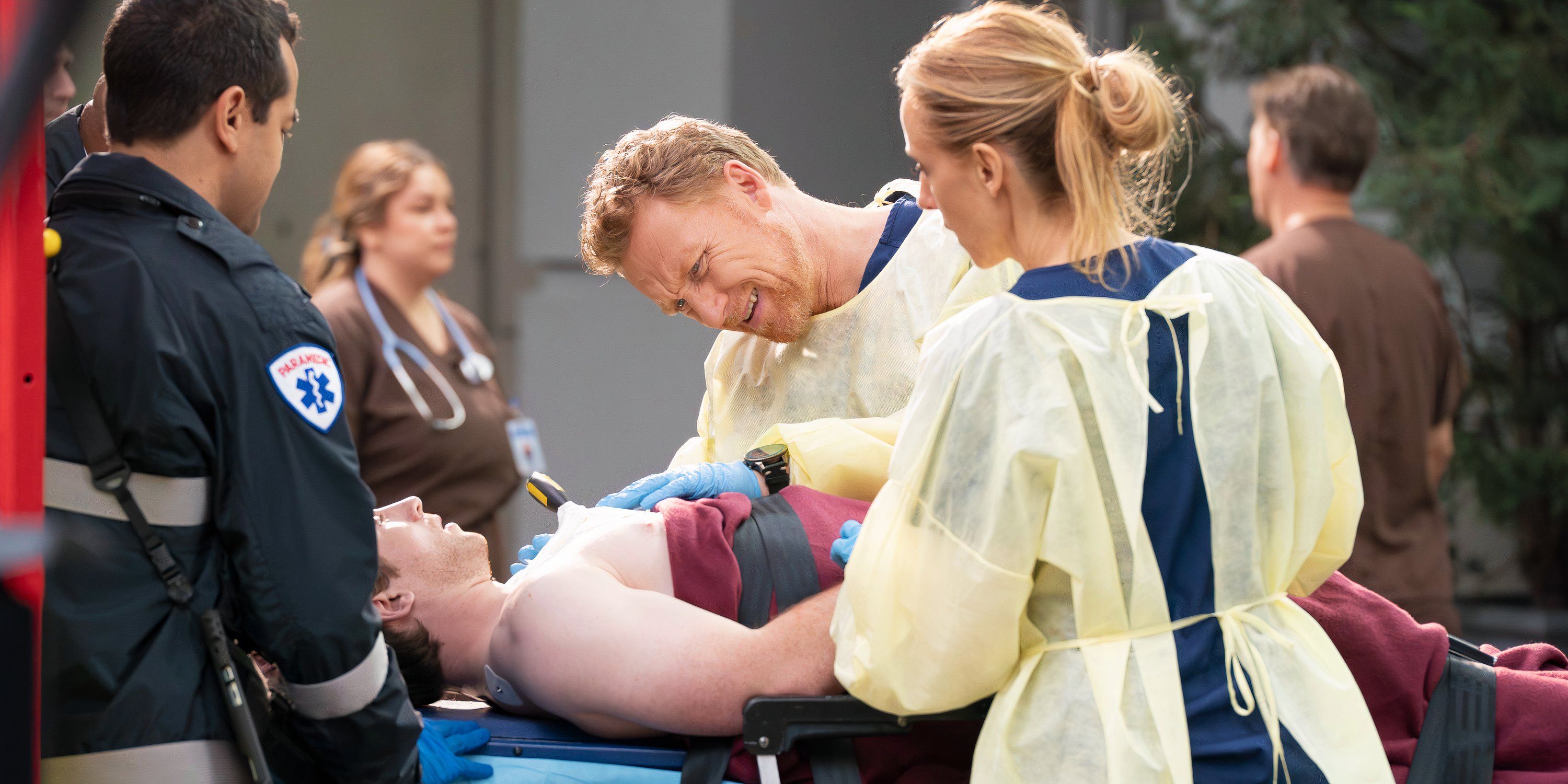 Teddy and Owen stand over a patient in Grey&rsquo;s Anatomy season 21 episode 14