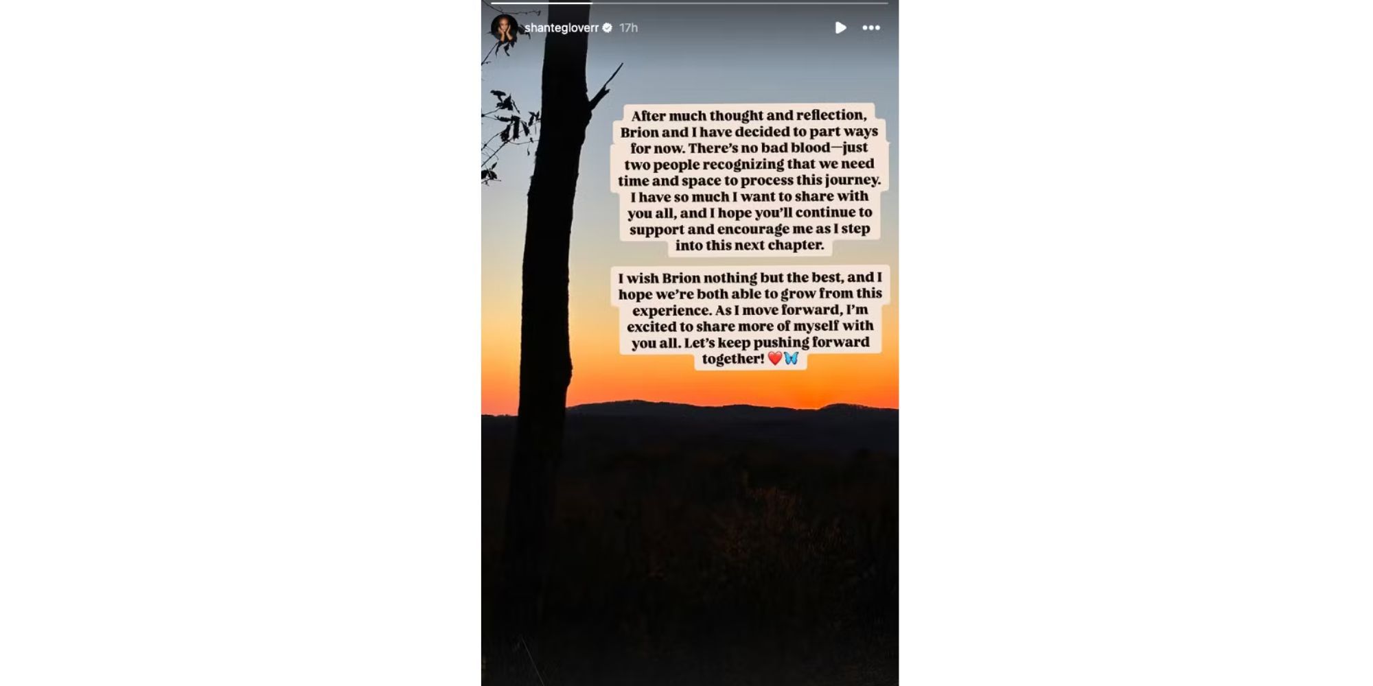Temptation Island Shante Glover Instagram Story detailing Brion breakup