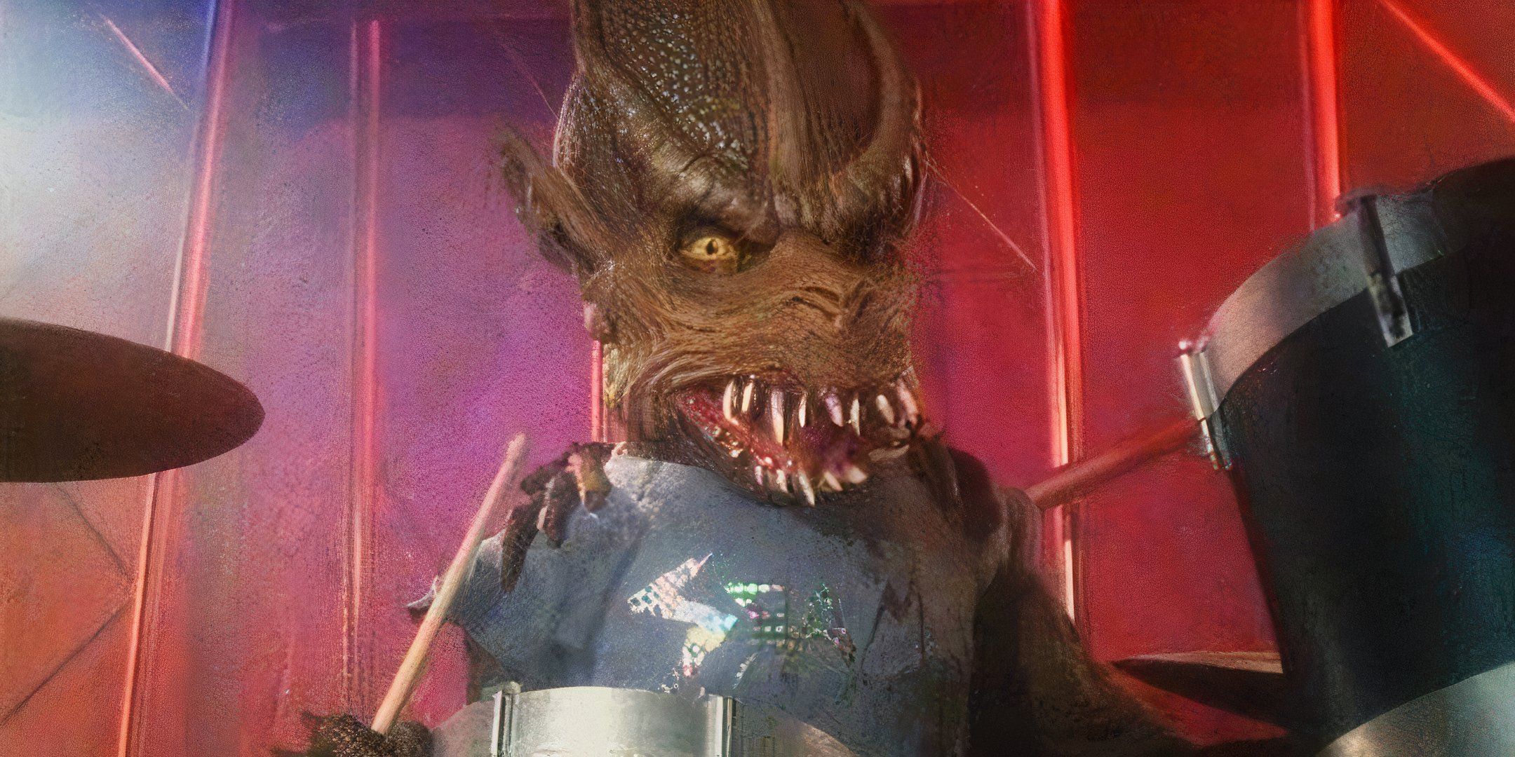 A dragon-like creature is sitting and playing the drums. 